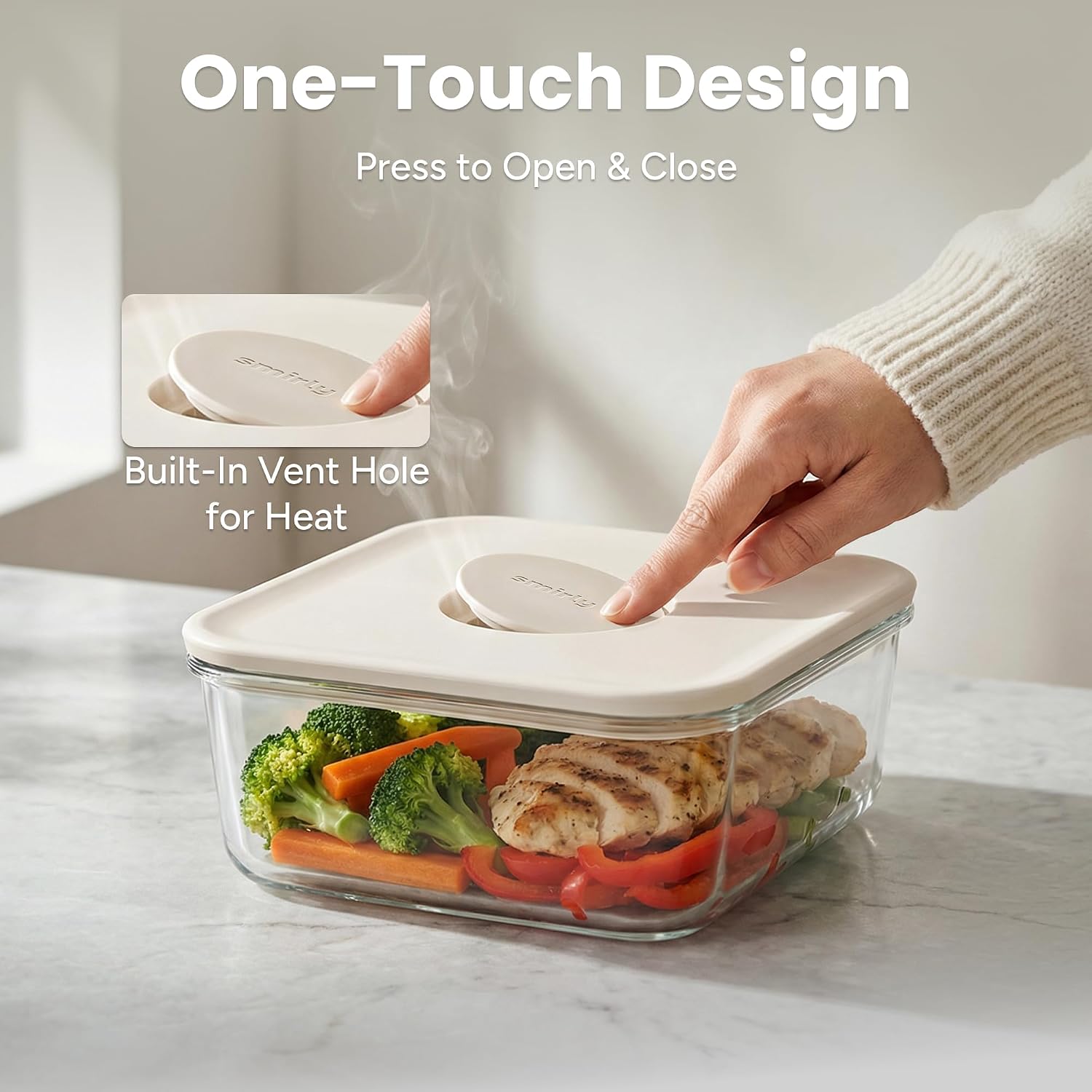 SMIRLY Glass Food Storage Containers with Lids & Organizer, 5-Pack, Cream - Image 4