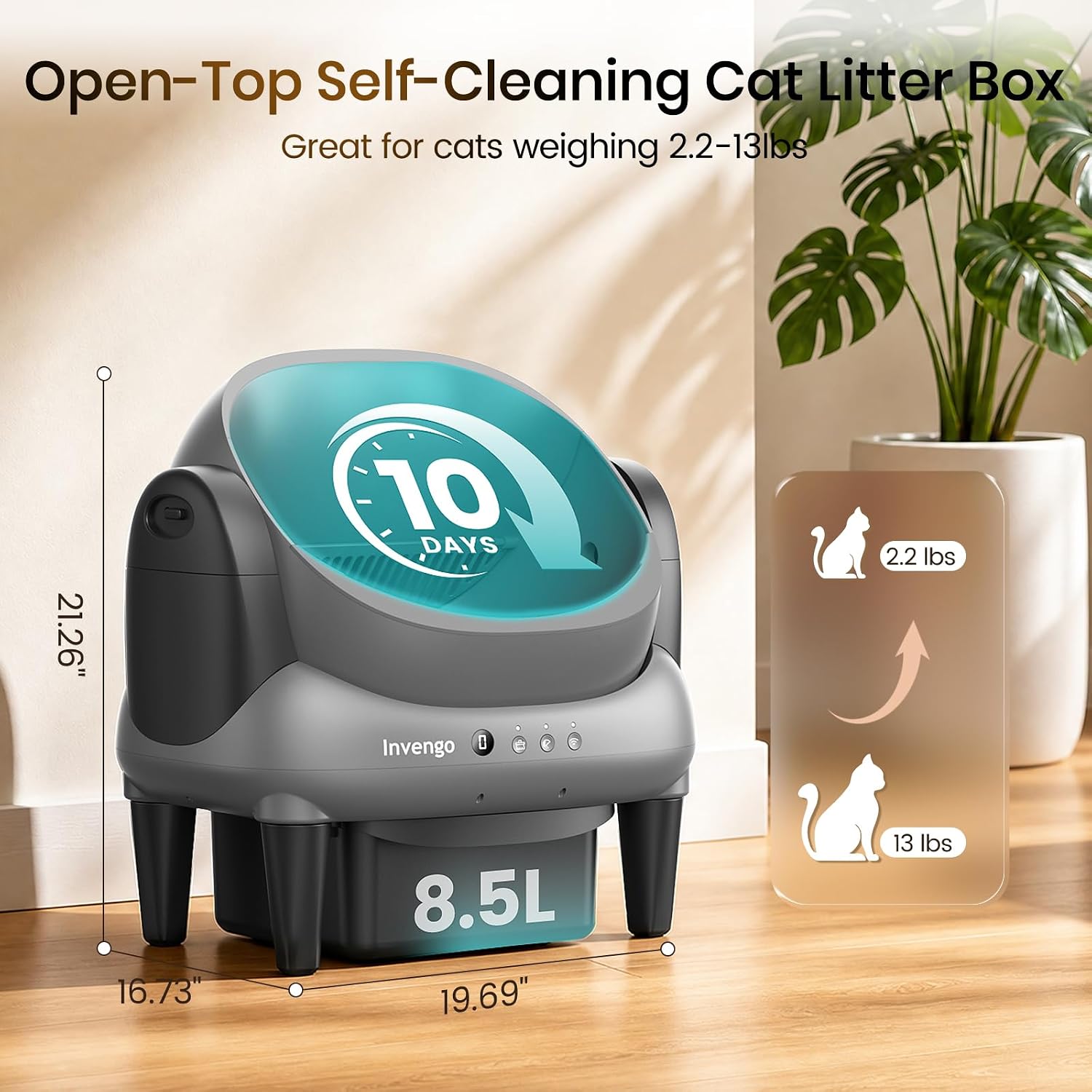 Invengo Automatic Self-Cleaning Cat Litter Box, Open Top Design with Safety Sensors and Anti-Pinch Protection, Smart Automatic Litter Box for Small & Medium Cats and Multi-Cat Homes, Charcoal Grey - Image 4