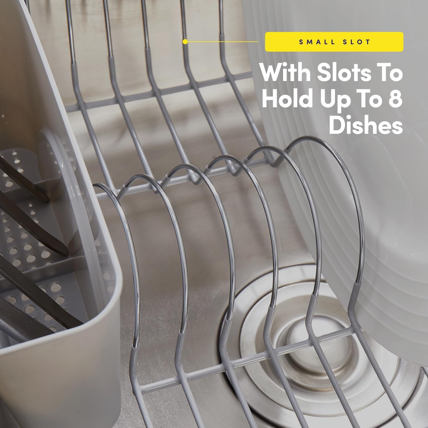 Dish Drying Rack & Cutlery Holder 2 Piece Set - Compact Sink-Fitting Dish Drainer with Rubberized Undercoating, Space-Saving Kitchen Organizer for Plates, Cups, Bowls & Utensils in Sink, Silver - Image 5