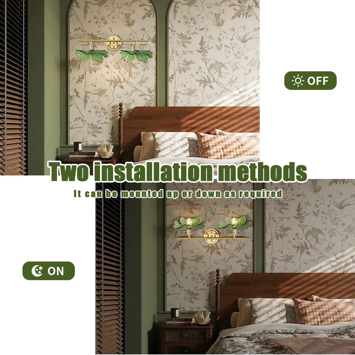 Green Bathroom Lighting Fixtures Over Mirror, Vintage Wall Sconces with Glass Shade Flower Vanity Lights Mid Century Wall Sconce Light Gold Wall Lighting for Bedroom Living Room Hallway - Image 3