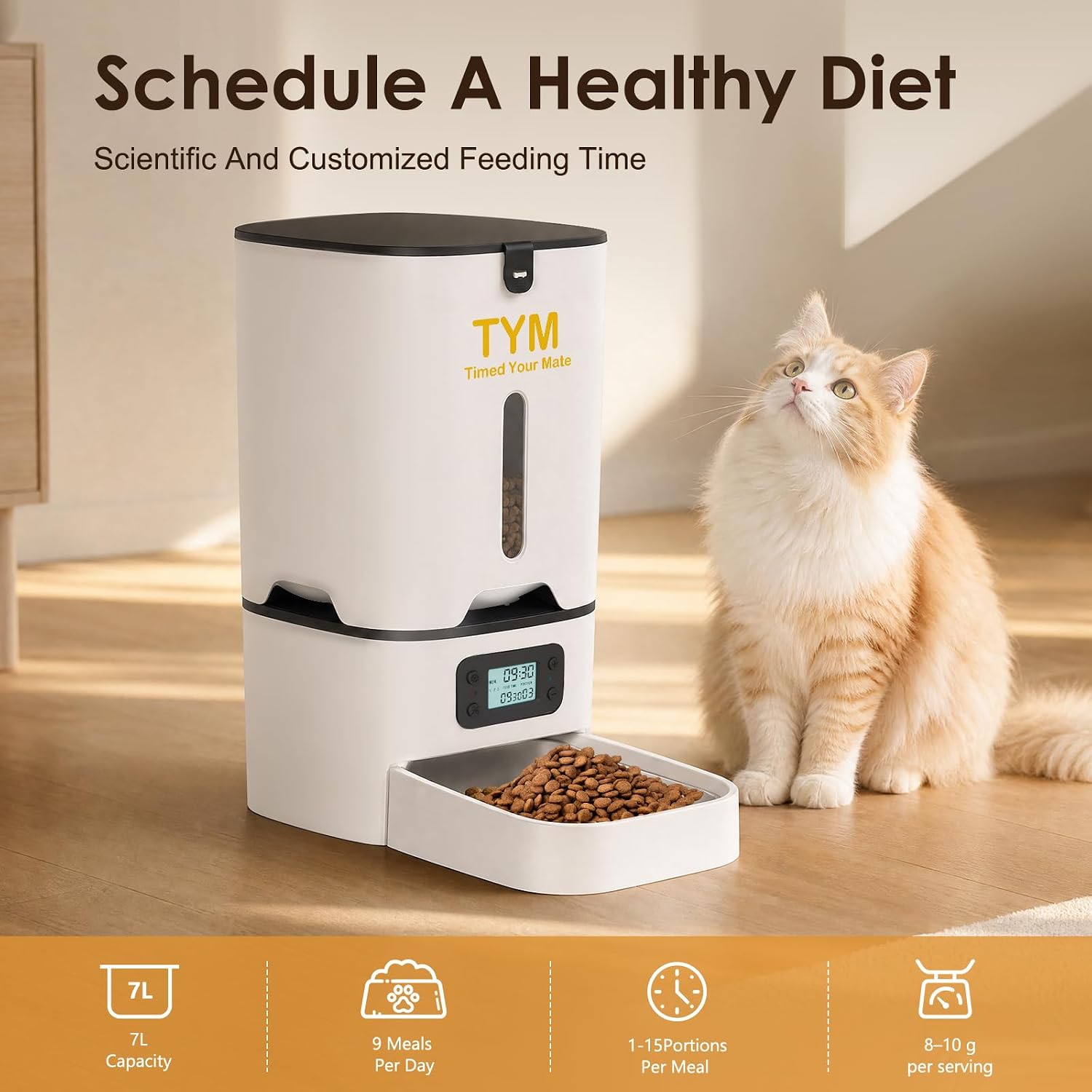 Automatic Cat Feeder 7L, 9 Meals/Day Food Dispenser for Cats Small Dog Pet - Image 2