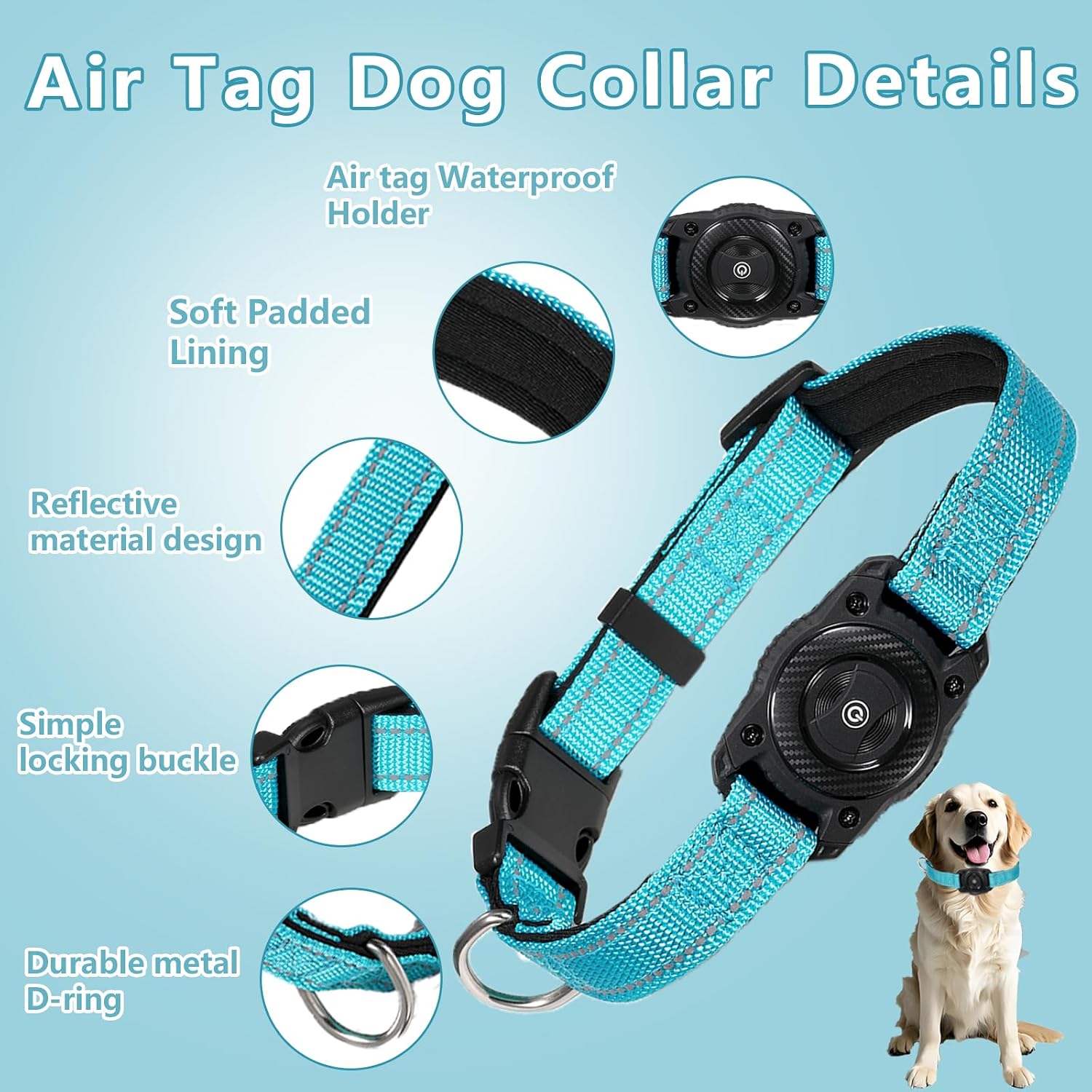 Smart Tracker Dog Collar, Waterproof Dog Collars Holder with Tracker Tag for Apple Find My (iOS Only) Reflective Pet Dog Collar Tracking for Small Medium Large Dogs (SkyBlue, M) - Image 4