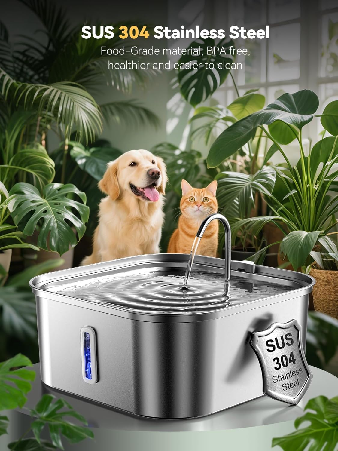Large Dog Water Fountain 14L/3.7Gal, Stainless Steel Pet Fountain for Large Dogs and Multi-Pets Families, with Visible Window & Extra Wide Drinking Area, Square Design Enlarges Capacity & Saves Space - Image 6