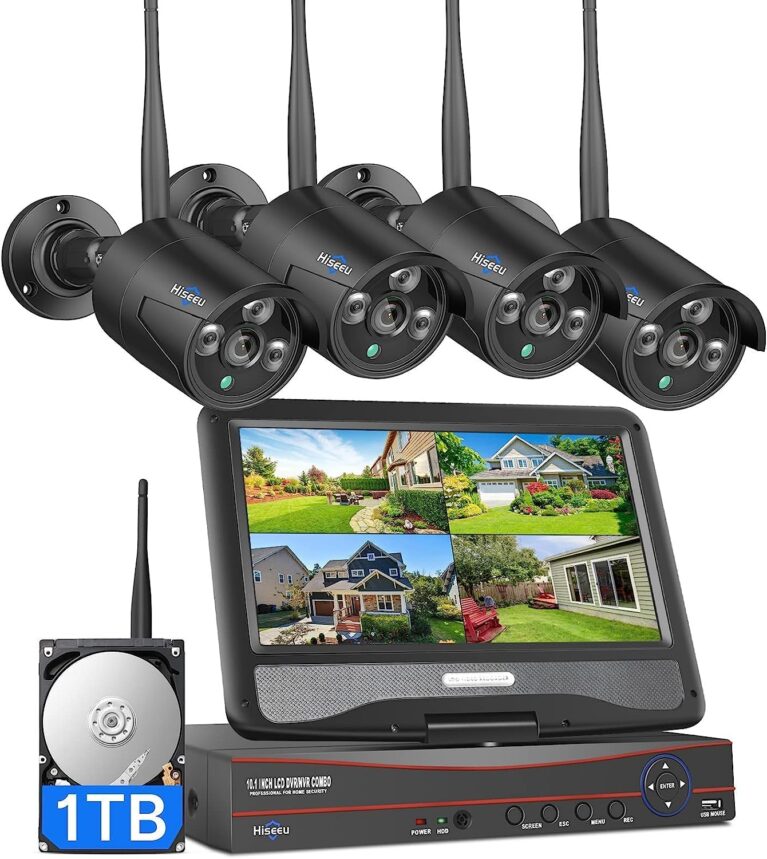 Hiseeu Home Security Camera System, 24/7 Recording Wired Plug-in Powered 4Pcs 5MP Outdoor Cameras, 10.1" LCD 16CH 8MP NVR&Monitor, One-Way Audio, Motion Detection, 1TB HDD, 2.4G/5G Wireless WiFi Pro