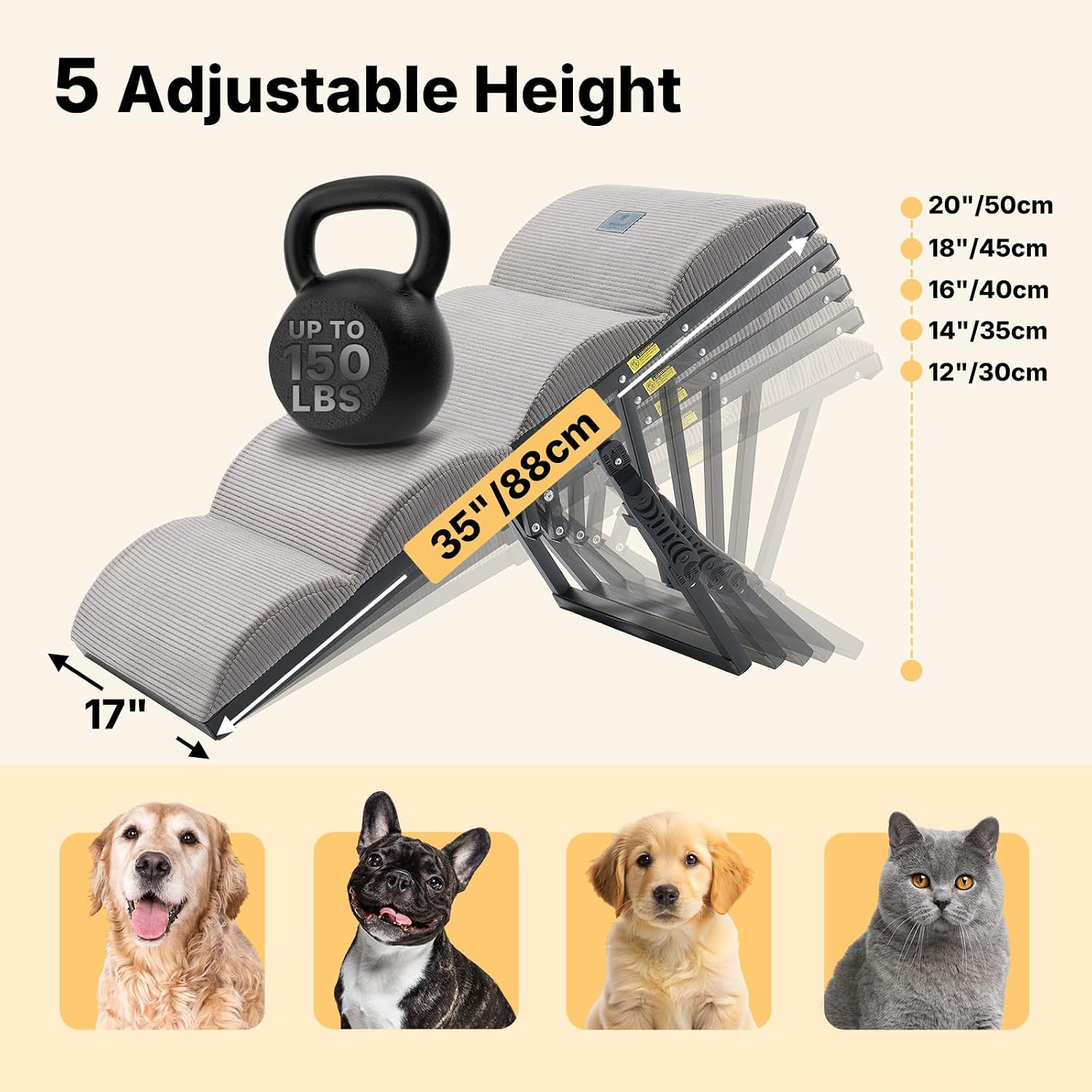 Veehoo Foldable Dog Ramp for Bed Couch Large Dogs, Adjustable 12-20'' High - Image 3