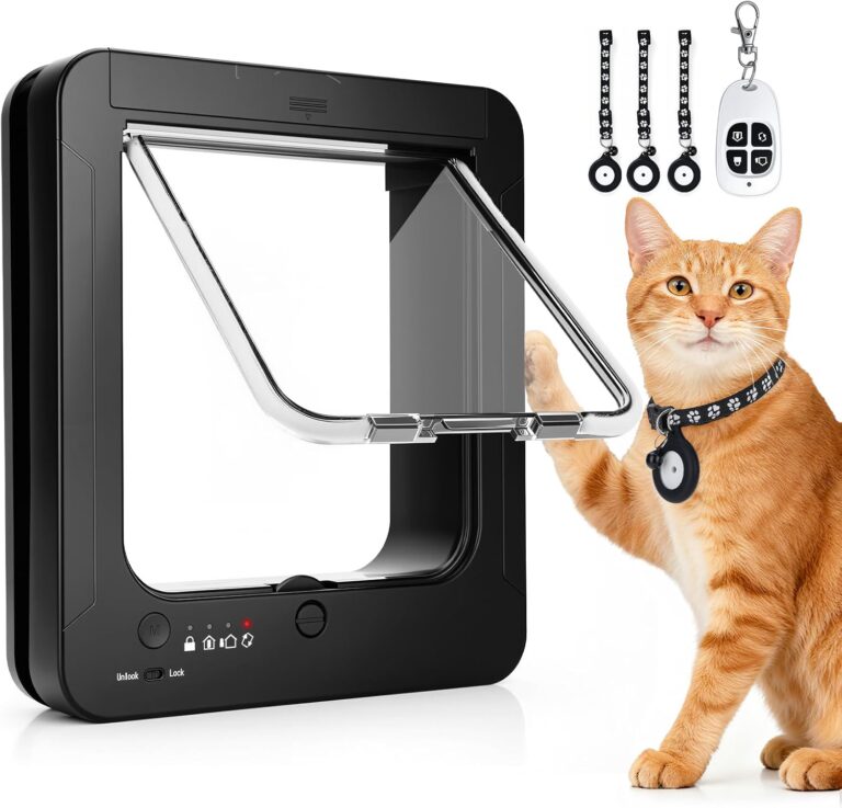 Smart Cat Door for Interior & Exterior, Cat Pet Door with 3 Collar Sensor Keys & 1 Remote Control & 4 Way Locking Cat Flap with RFID Collar Activated Opening SmartPetDoor