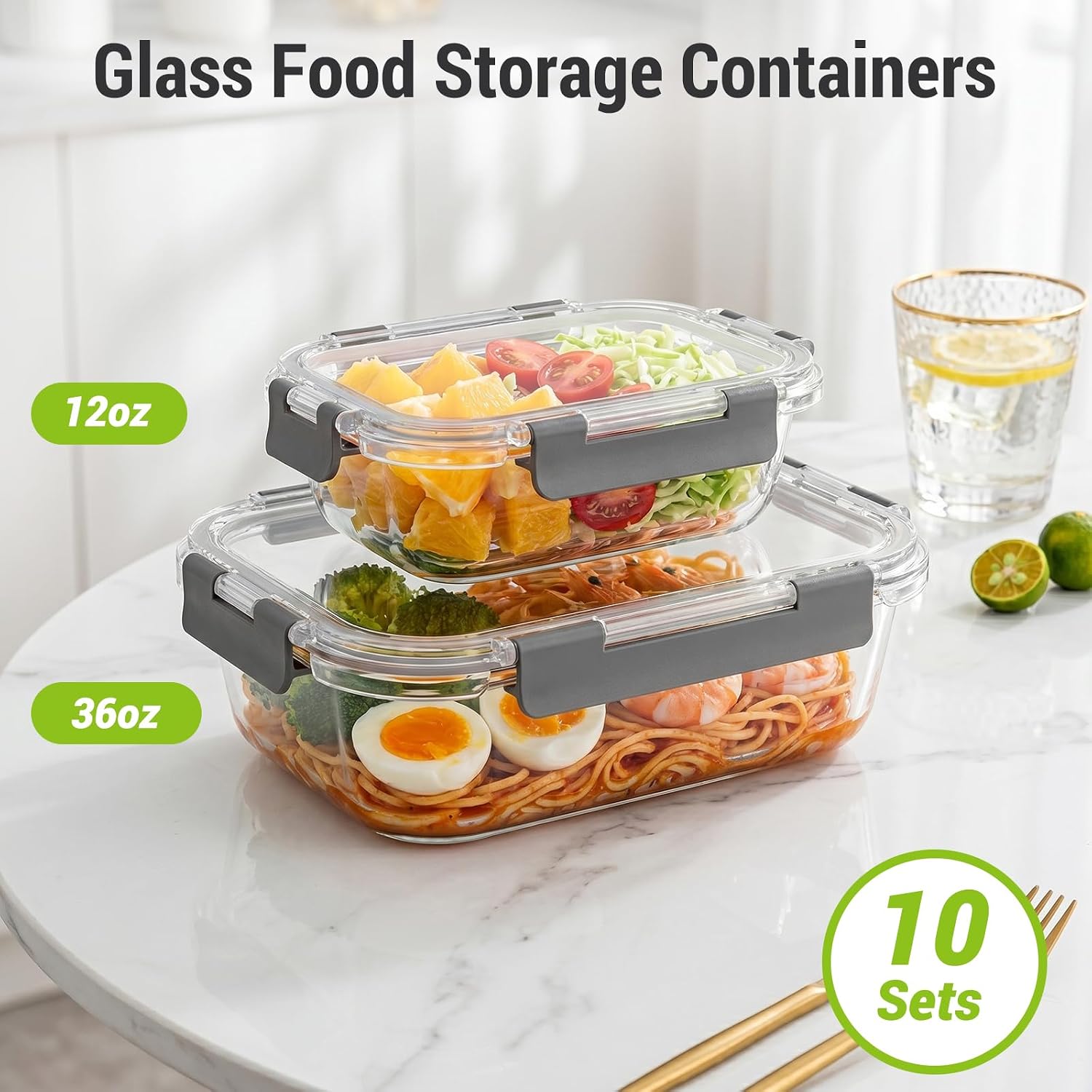 Dealusy 10 Sets 36 oz & 12 oz Glass Food Storage Containers with lids, Gray - Image 2