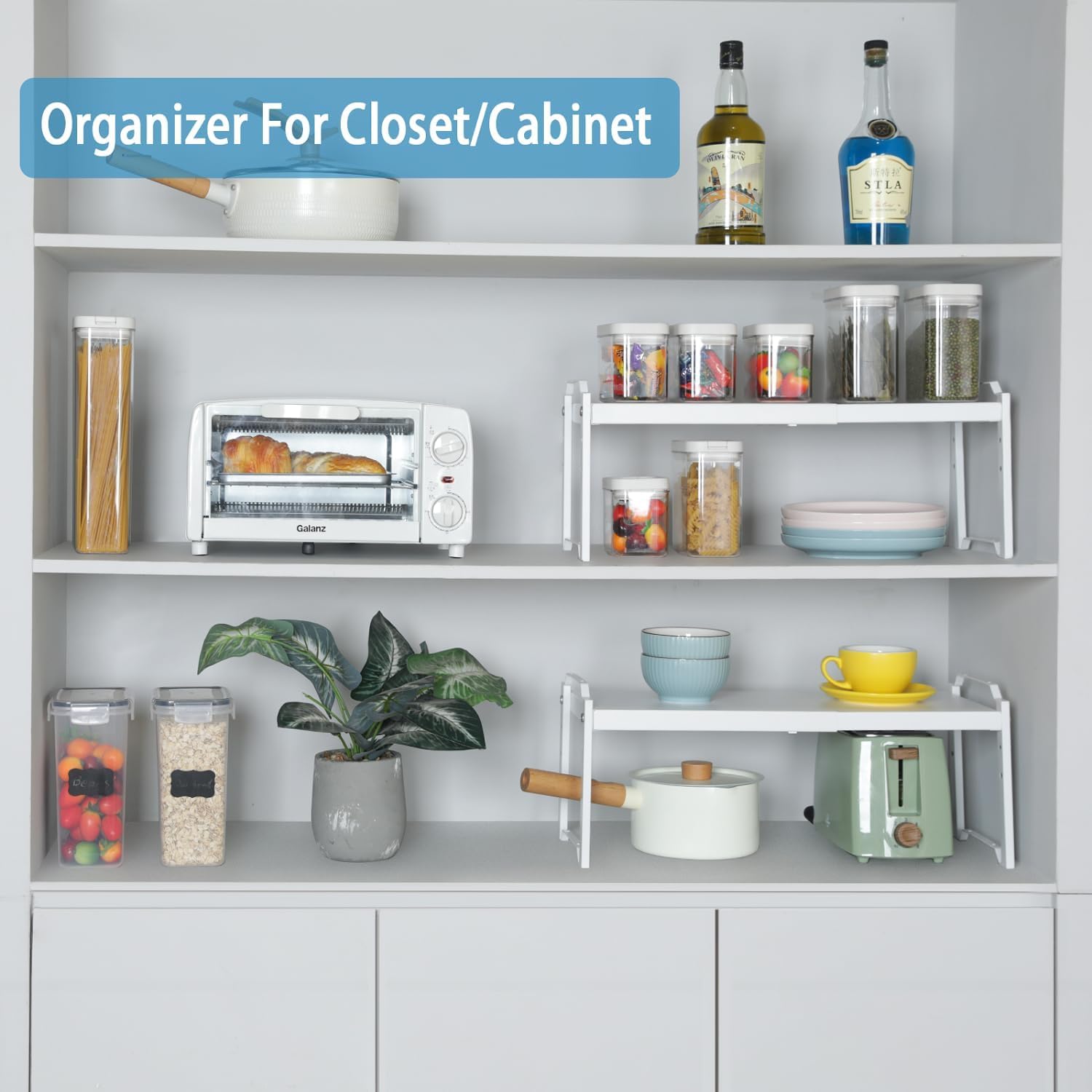 Set of 2 Expandable Kitchen Cabinet Shelves Organizers, Stackable Adjustable Small Storage Shelf Rack Stand For Pantry Cabinet Cupboard Kitchen Counter Organization, 22 lbs Capacity, Length:20.5" - Image 6