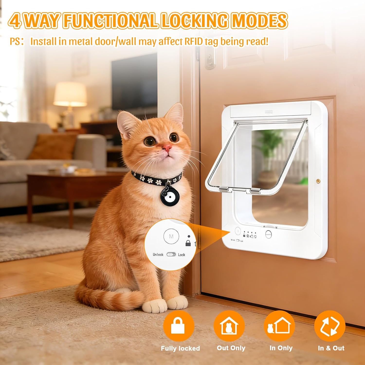 Smart Cat Door with 4 Collar Sensor Key, RFID Cat Door Collar Activated with Remote Control, 4 Way Locking Cat Flap Automatic Pet Door Interior & Exterior(White) - Image 4