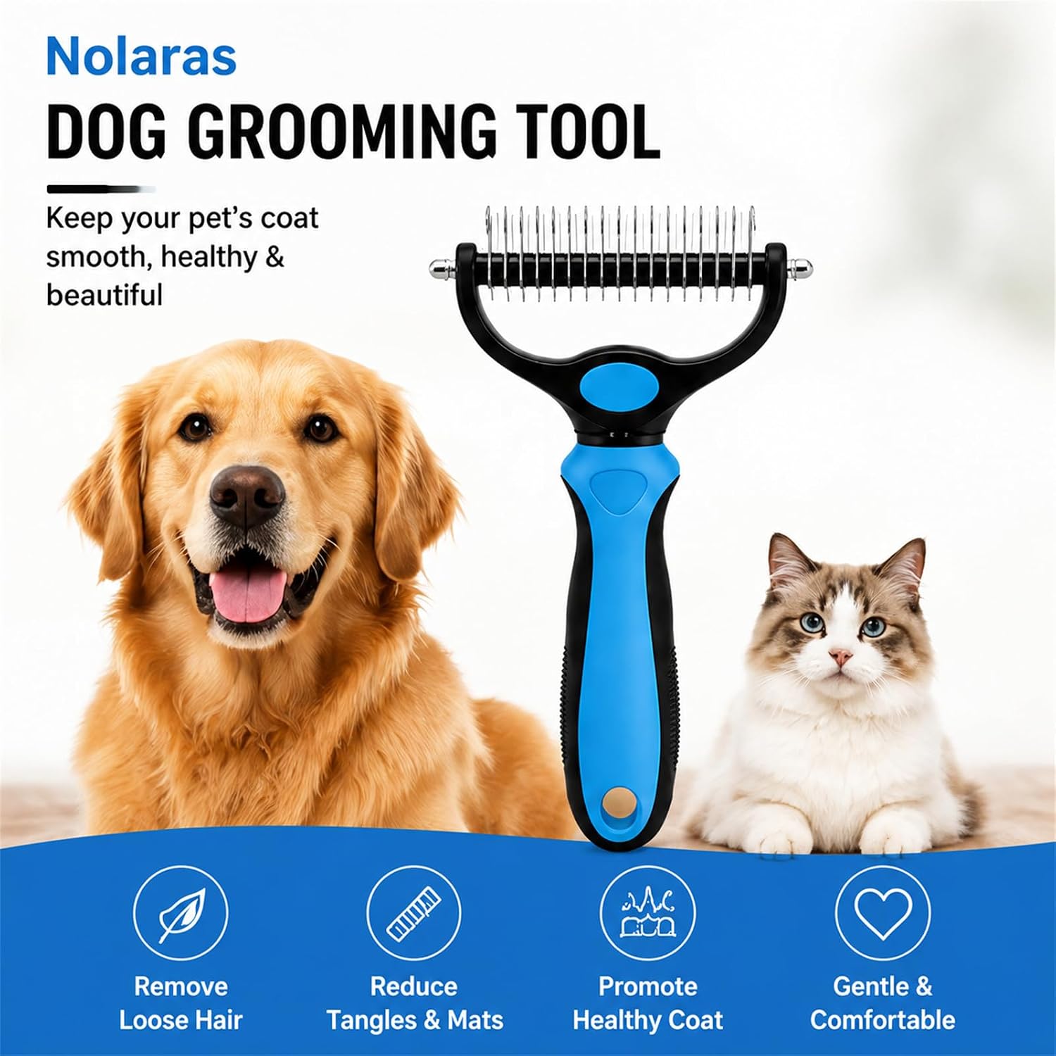 Nolaras Dog Grooming Tool, Dog & Cat Dematting Comb, Double-Sided Pet Grooming Tool for Removing Loose Hair, Mats, Tangles & Undercoat, Suitable for Long and Short Haired Pets (Blue Big) - Image 2