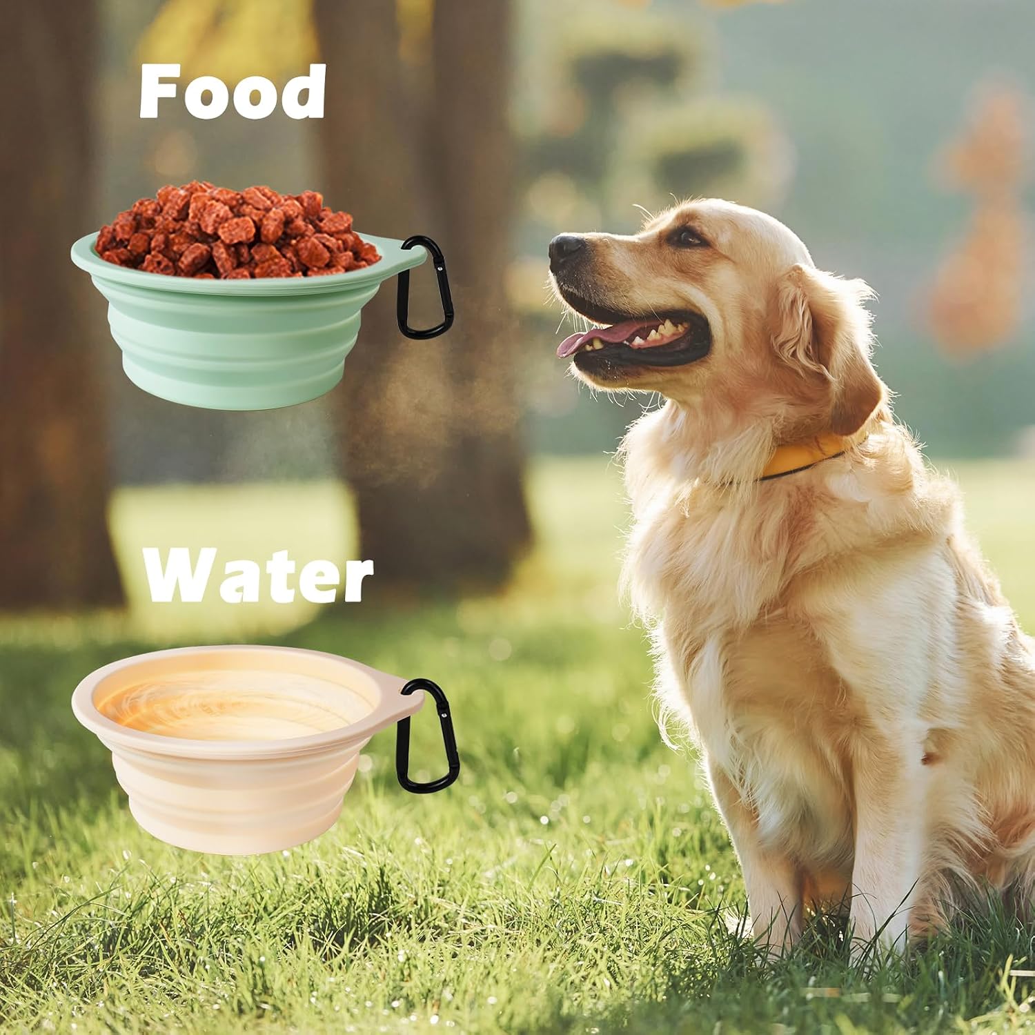 PetBonus 2-Pack Silicone Collapsible Dog Bowls, BPA Free Dishwasher Safe, Portable Foldable Expandable Travel Bowl, Food Water Feeding Cup Dish for Dogs Cats with 2 Carabiners(Light Mint,Beige Cream - Image 4
