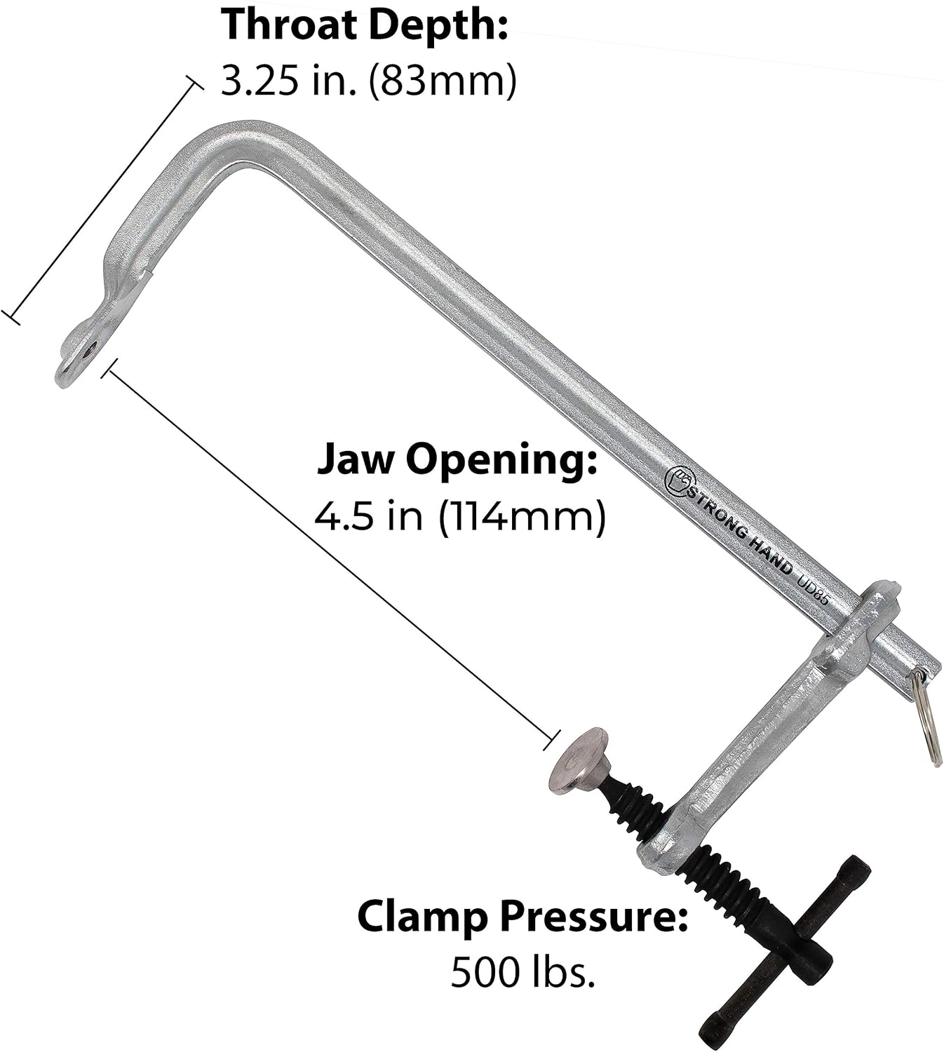 Strong Hand Tools Light Duty Utility Clamp, 4.5" Capacity, 500 LB Clamping Pressure, 5/8"-5/16" Rail Size, 3-1/4" Throat Depth, 5/16-18" Tapped Hole, UD45, Strong Hand Tools - Image 2