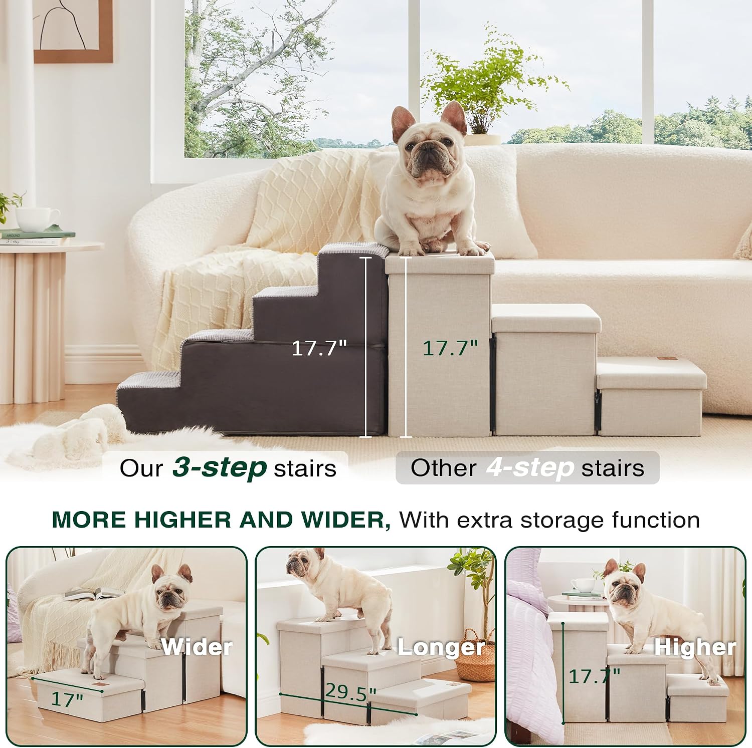 Love's cabin Dog Stairs for High Bed, Foldable Pet Stairs for Small Medium or Large Dogs Puppy with Storage for Bed or Couch, Cat Dog Steps Ramp with Zip up to 200 lbs, Beige, 3 Steps - Image 3