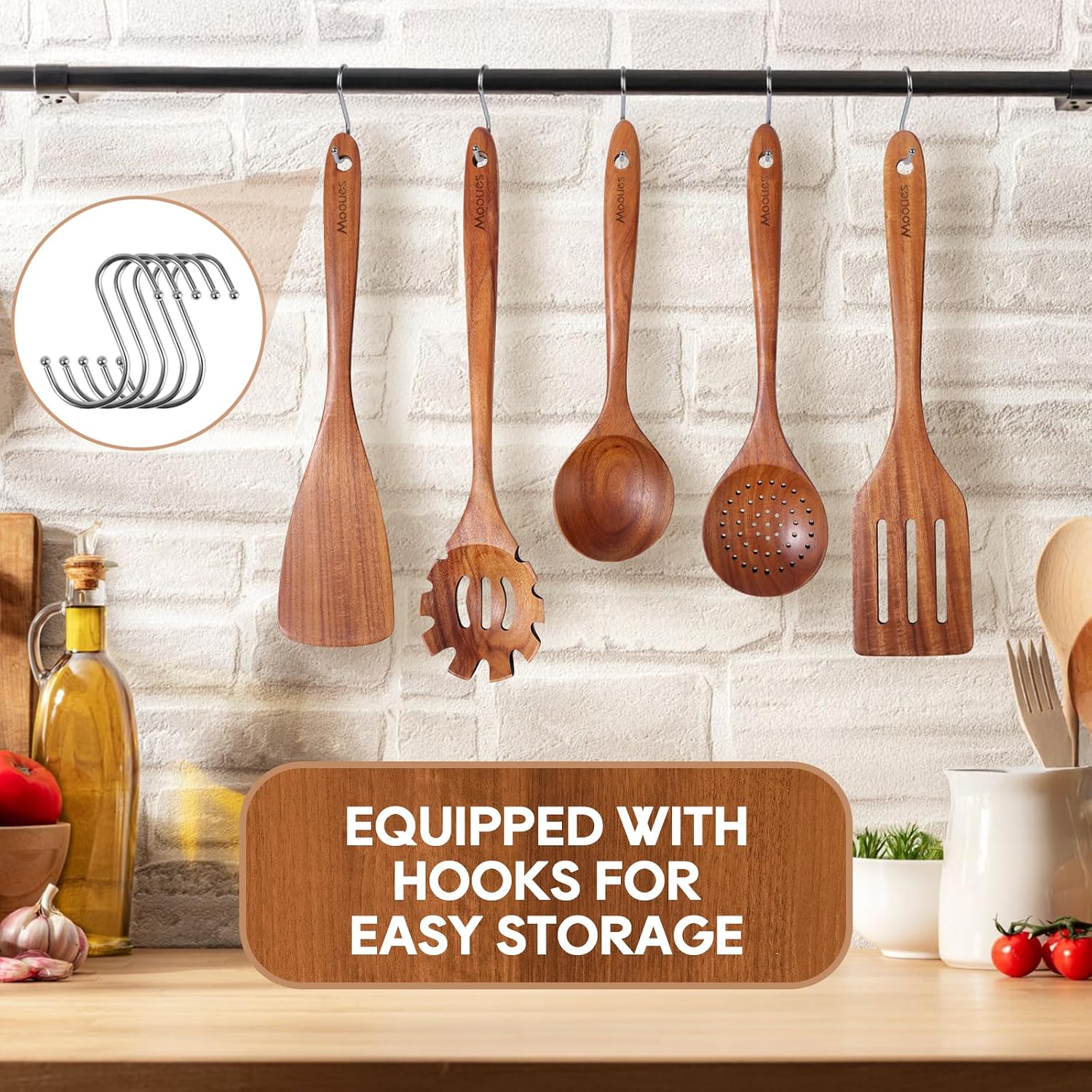 Wooden Spoons for Cooking 10PCS Teak Wood Cookware Utensil Set - Image 5