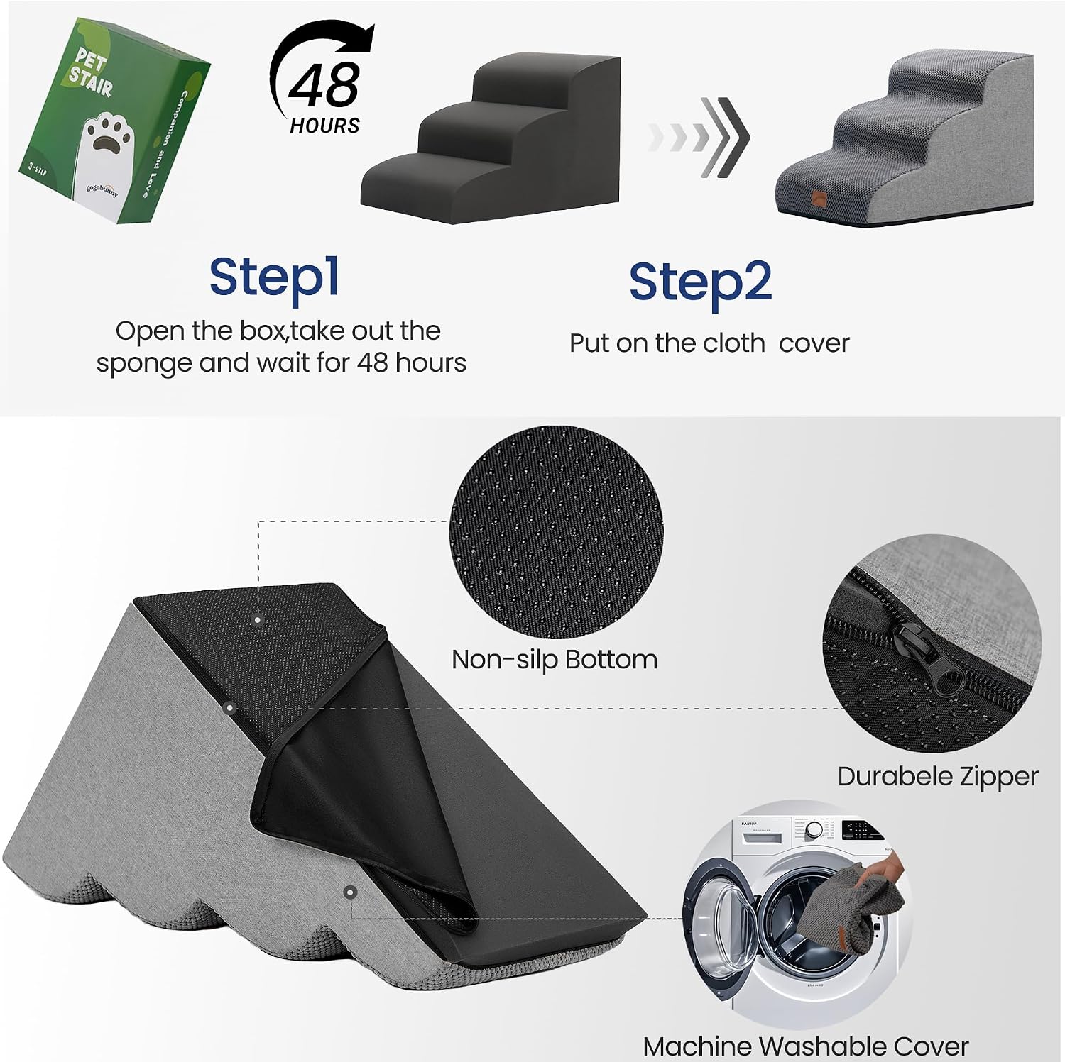 GoGoBunny Dog Stairs for Small Dogs, 3-Step Pet Steps for Couch Sofa, Grey - Image 9