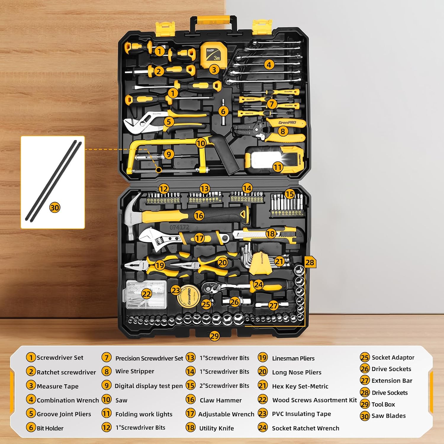 GRENPRO 218PCS Basic Auto Hand Tool Set Household Repair Tool Box Kit - Image 2