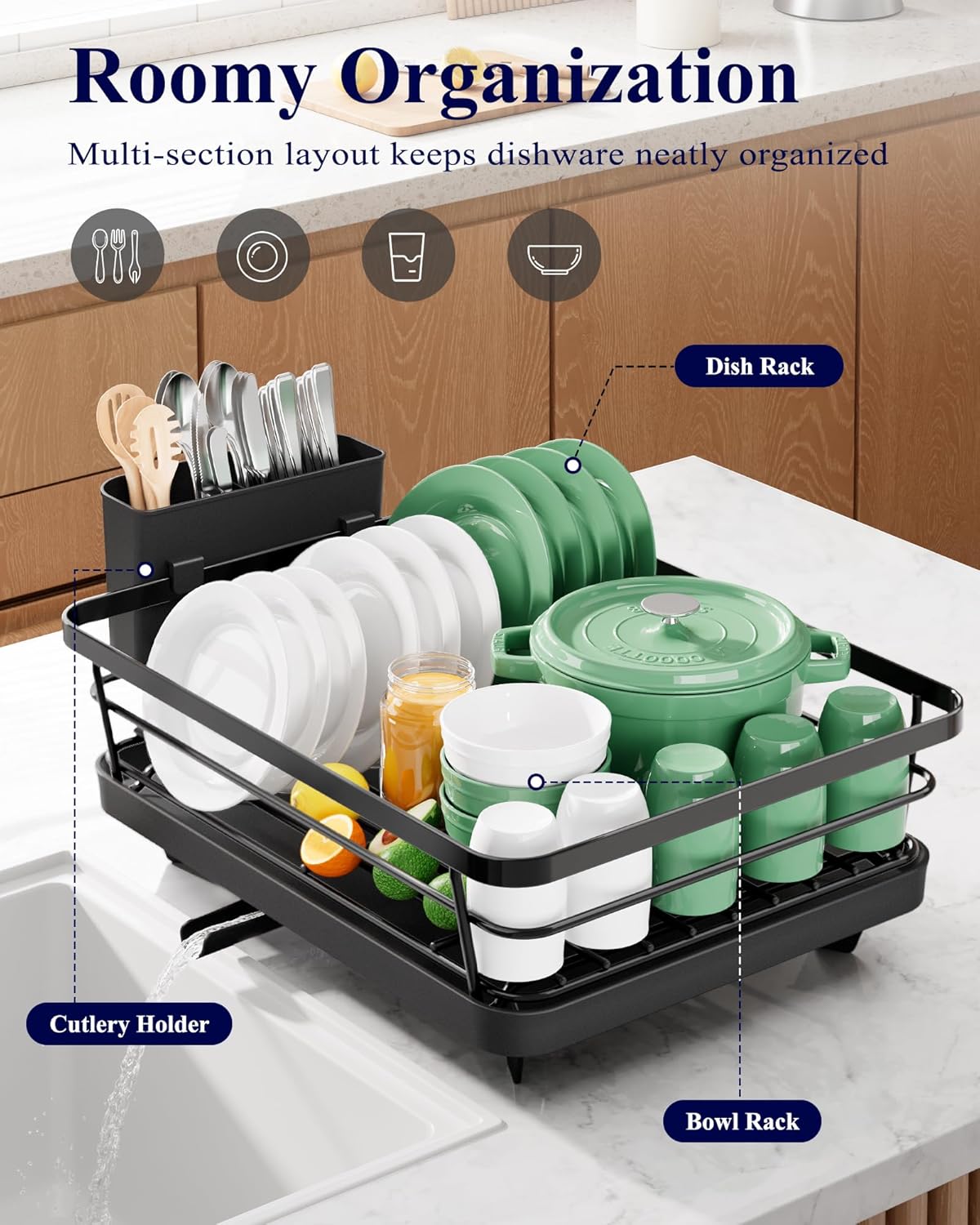 Kitsure Dish Drying Rack for Kitchen Counter, 12''W x 15.5''L, Black - Image 2
