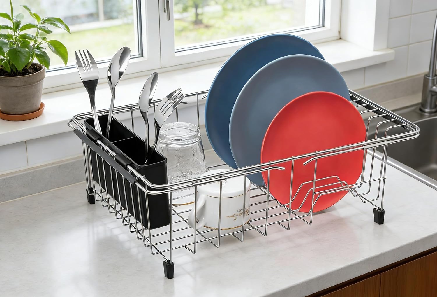 SANNO Flatware Cutlery Holder,Hanging Utensil Holder,Cutlery Drainer Caddy,Spoon and Fork Organizer,2 Compartment Attach to Dish Drying Rack - Image 5