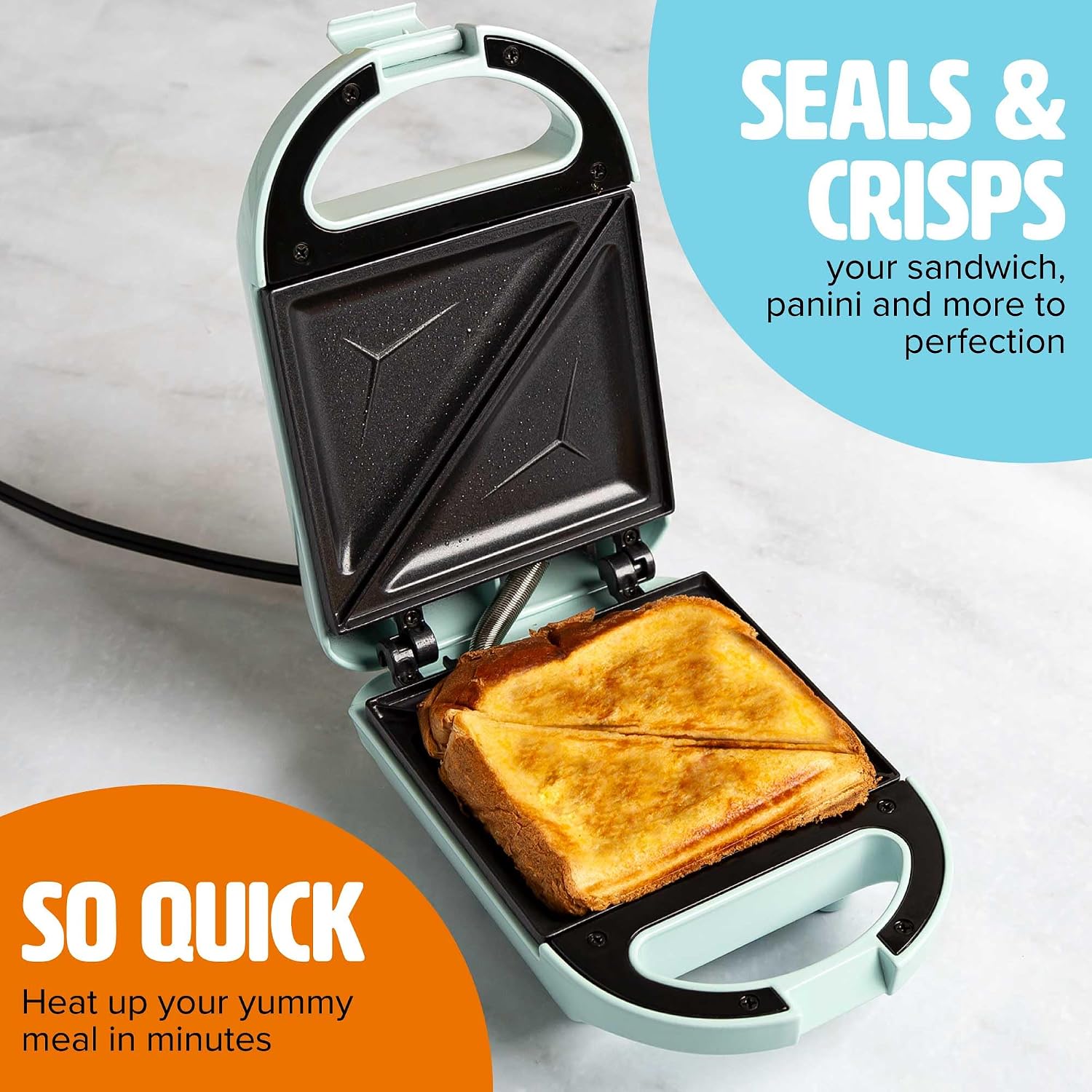 Tasty Mini Sandwich Maker, Makes Sandwiches, Paninis, Grilled Cheese, Desserts, Quick Results, Easy Cleanup, 600W, Aqua - Image 2