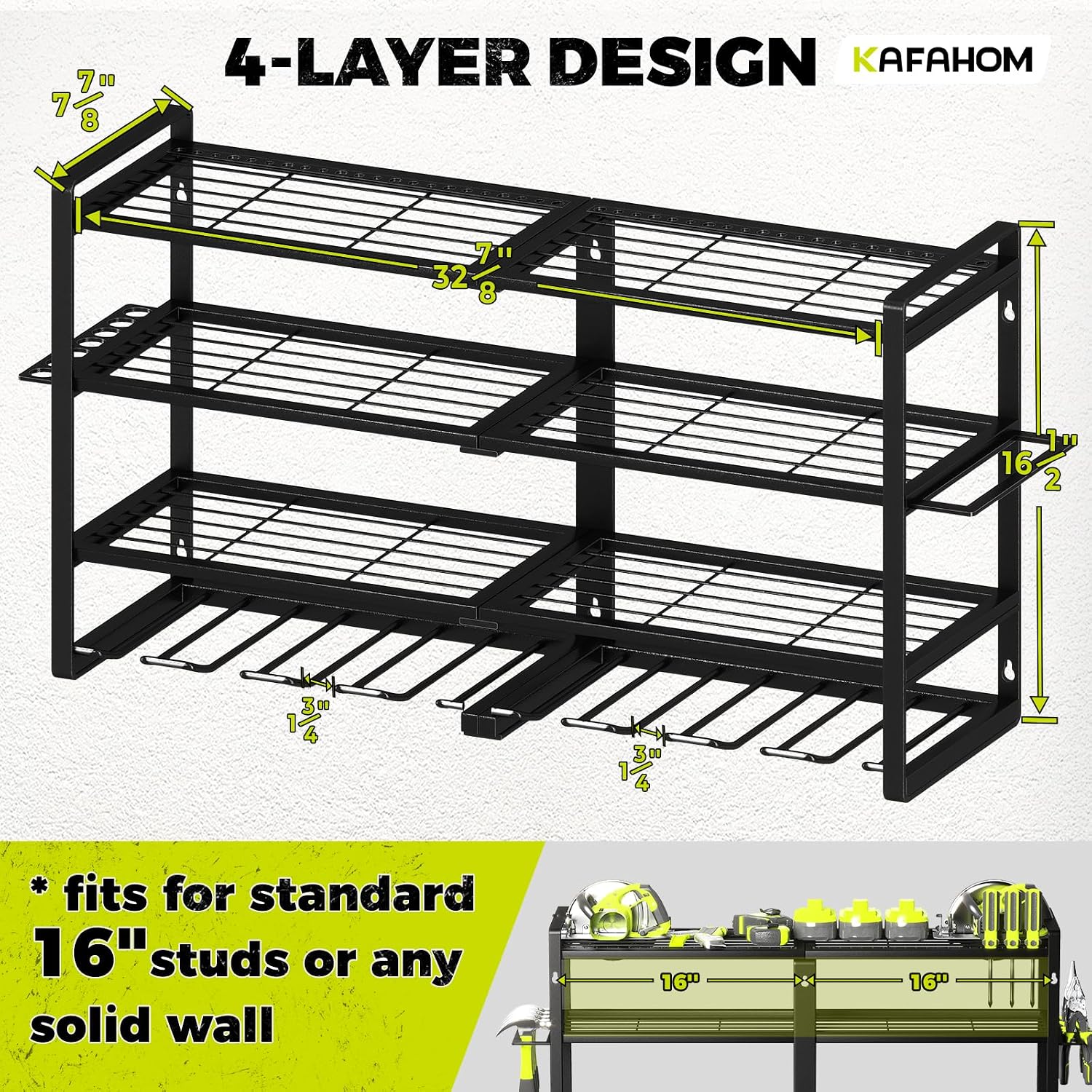 KAFAHOM Power Tool Organizer-8 Drill Holder Wall Mount,4 Layer Heavy Duty Metal Power Tool Storage Rack,Garage Tool Organizer and Storage with Screwdriver Holder/Plier Holder/Hammer Holder - Image 4
