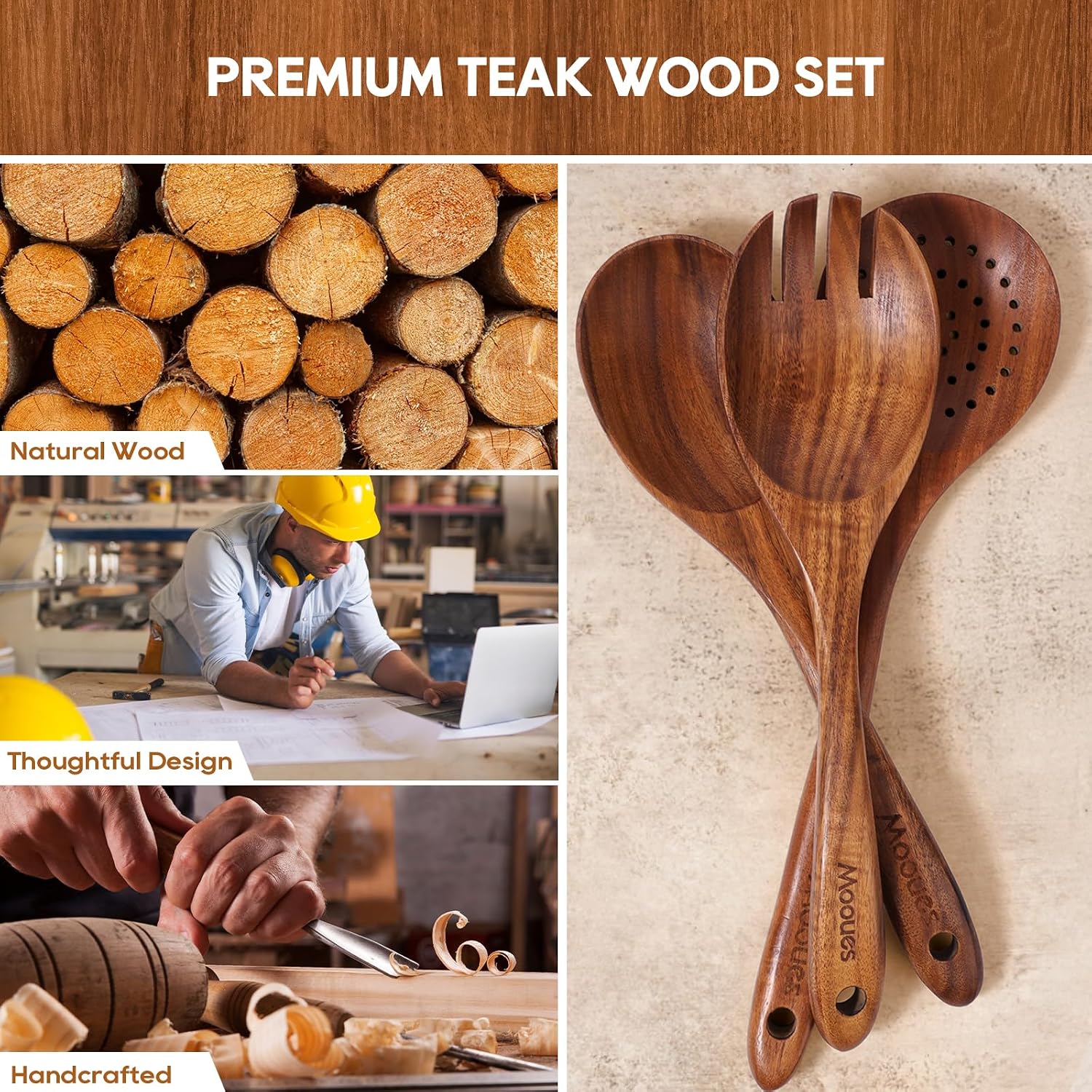 Wooden Spoons for Cooking 10PCS Teak Wood Cookware Utensil Set - Image 2