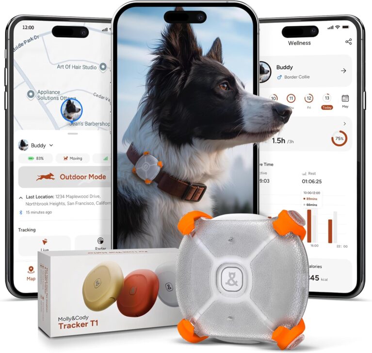 Molly&Cody Smart Dog & Cat GPS Tracker, 4 Smart Modes Real-Time Pet Tracker with Custom Virtual Fence IP67 Waterproof Location History & 365-Day Health Data Monitoring, Subscription Required