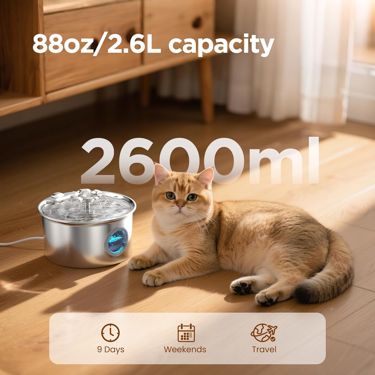 Stainless Steel Cat Water Fountain: 88oz/2.6L Pet Fountain for Drinking - Image 2