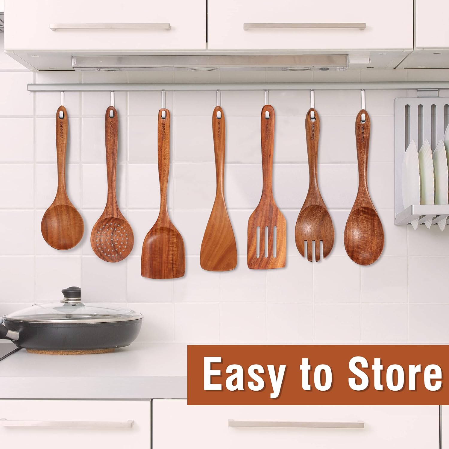Mooues Wooden Kitchen Utensil Set, 9 Piece Natural Teak with Spoon Rest - Image 4