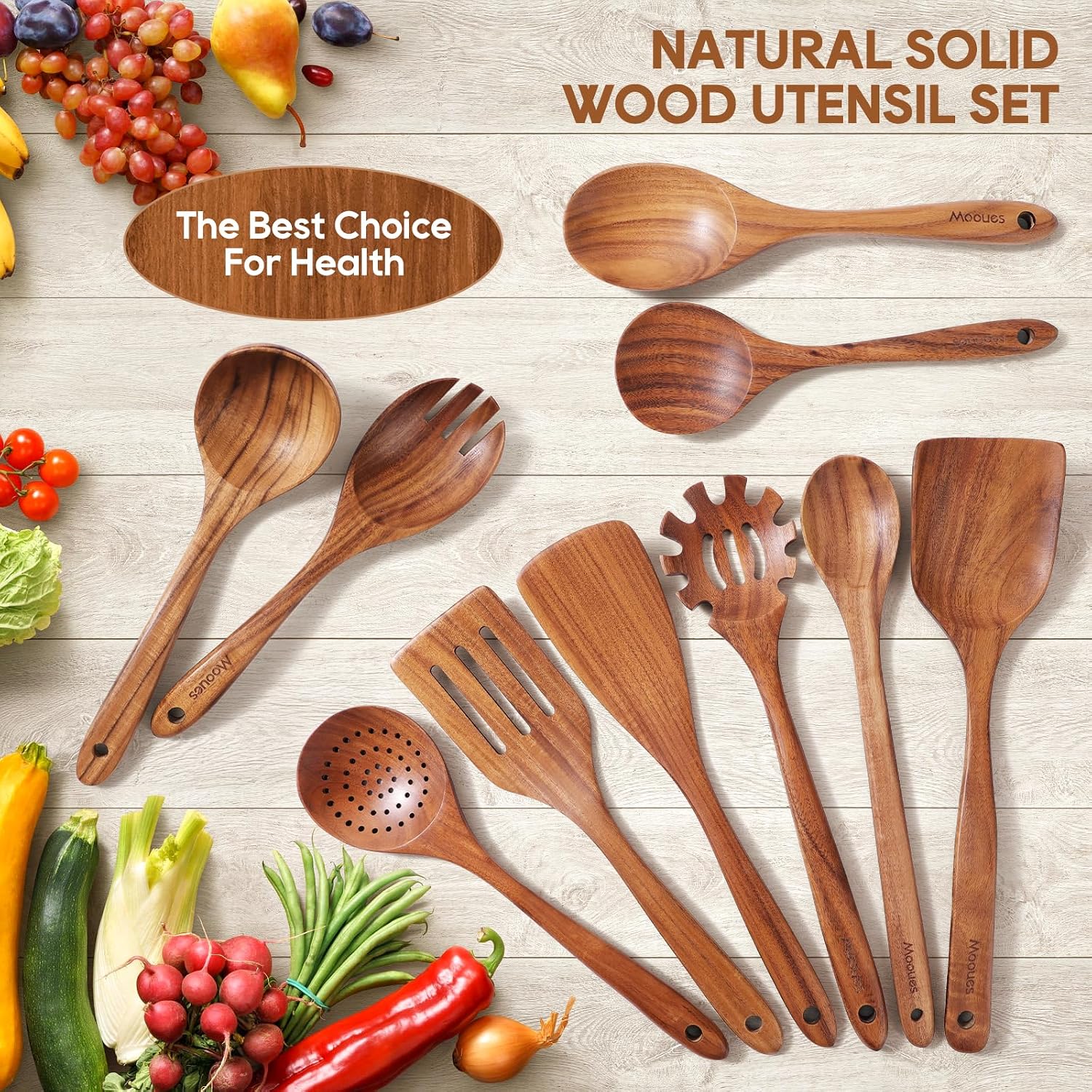 Wooden Spoons for Cooking 10PCS Teak Wood Cookware Utensil Set - Image 8