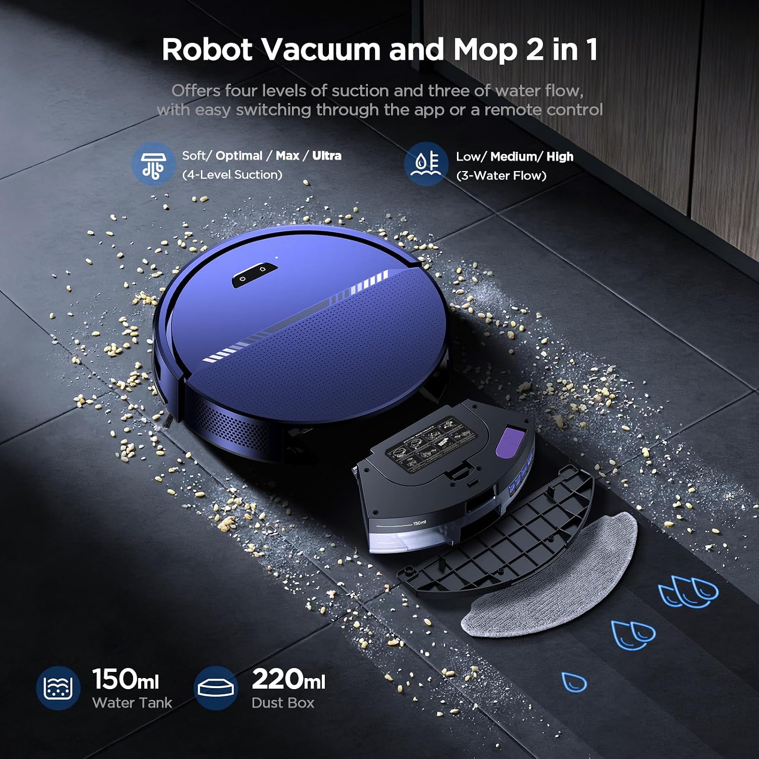 Robot Vacuum and Mop Combo, 8000Pa Strong Suction 2 in 1 Vacuum Robot with Mopping, with Schedule, Wi-Fi/App/Remote, Self-Charging, Slim, Ideal for Hard Floor, Pet Hair, Low-Pile Carpet - Image 2