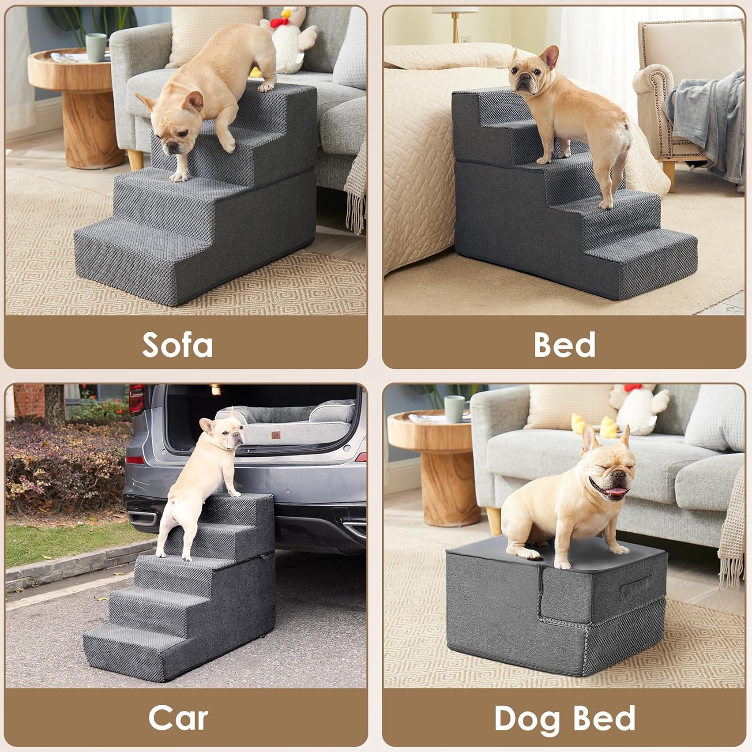 EHEYCIGA Dog Stairs for Small Dogs 13.5" H, 3-Step Dog Steps for Cats, Grey - Image 7
