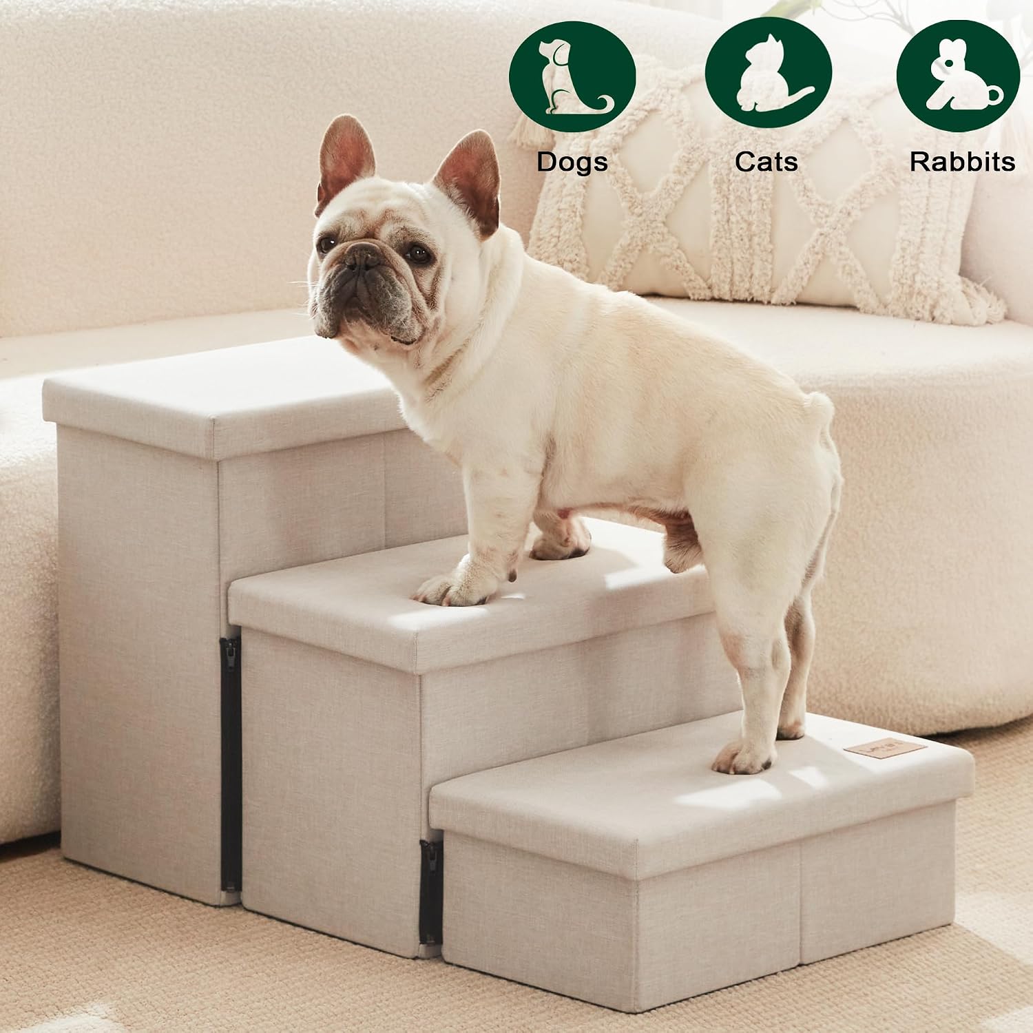 Love's cabin Dog Stairs for High Bed, Foldable Pet Stairs for Small Medium or Large Dogs Puppy with Storage for Bed or Couch, Cat Dog Steps Ramp with Zip up to 200 lbs, Beige, 3 Steps - Image 7