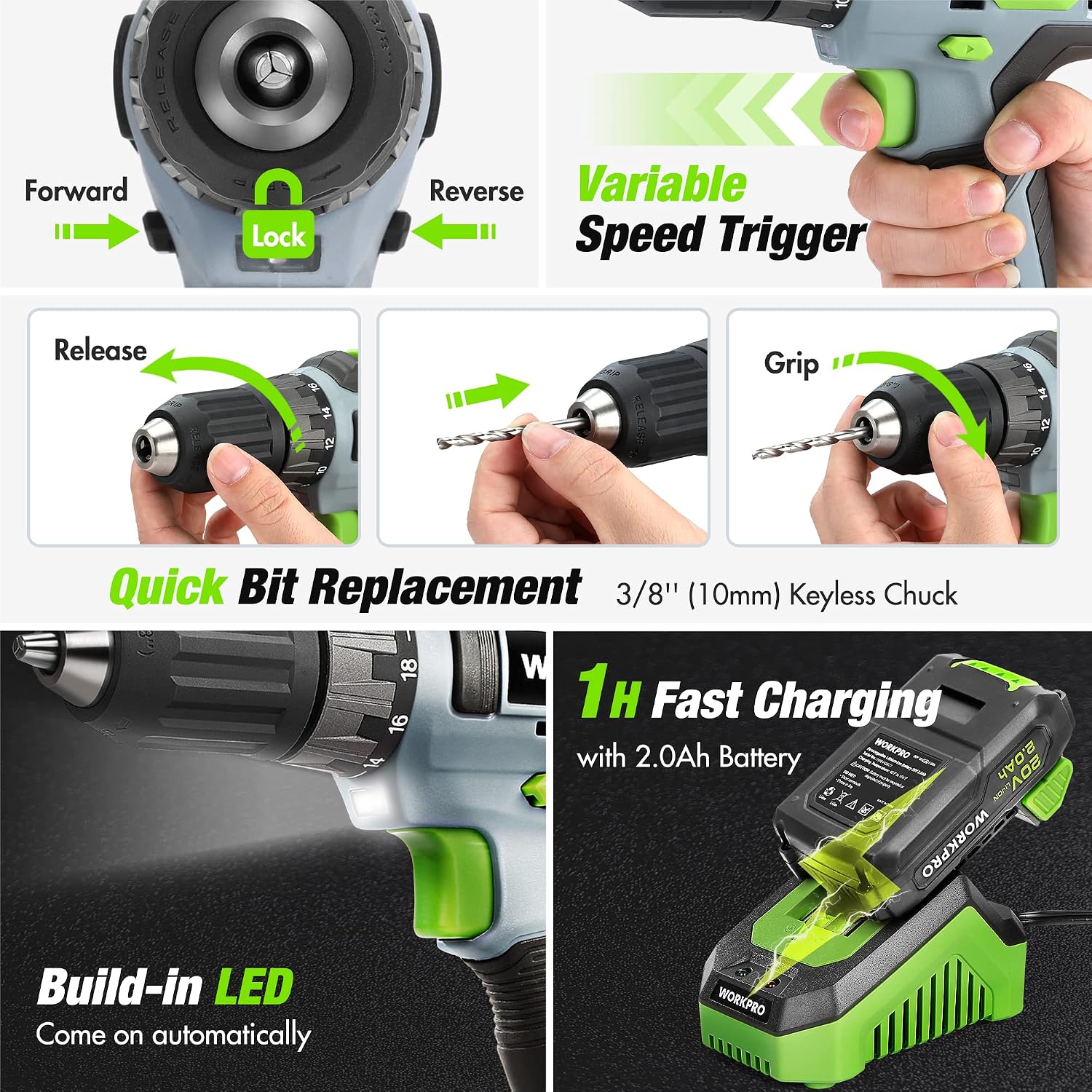 WORKPRO Home Tool Set with 20V Cordless Drill, Household Repairing Tool Kit - Image 4