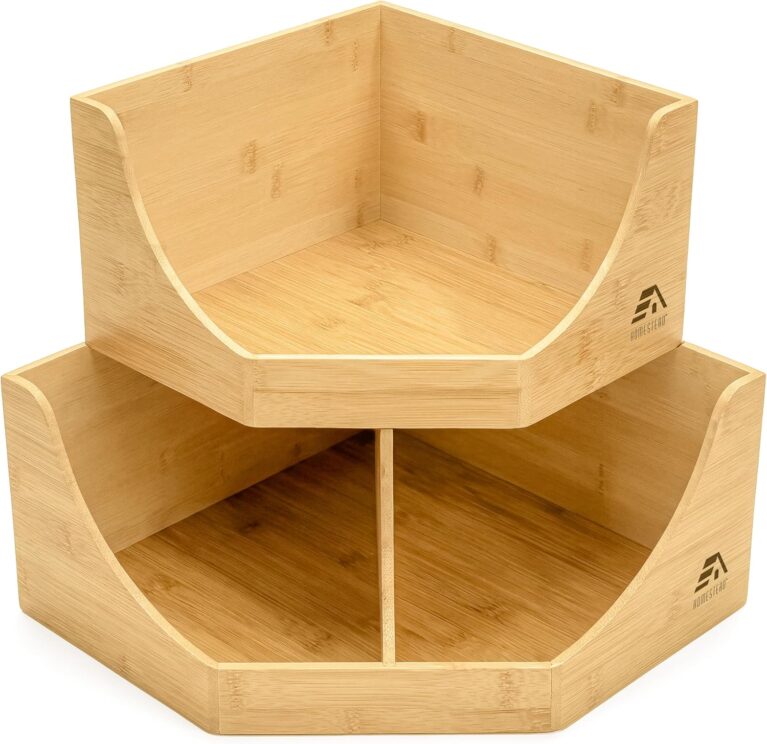 HOMESTEAD Bamboo Corner Storage Bin, 2-Tier Stackable Potato and Onion Storage Bin for Kitchen Counter Corner Shelf, Wooden Produce Storage Pantry Organizer, Fruit & Vegetable Holder, Large