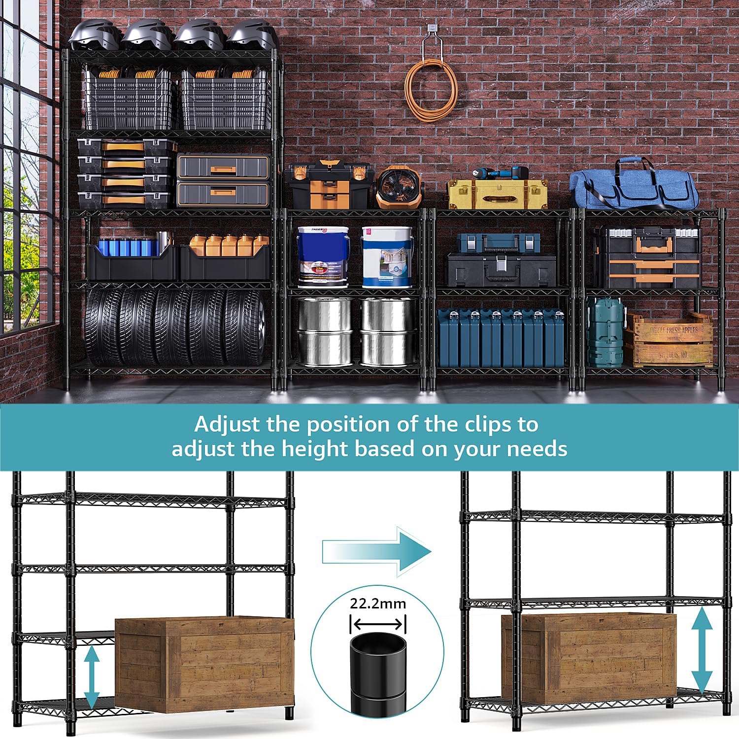 M MZG 5-Shelf Storage Shelves,Wire Shelving Heavy Duty Metal Storage Shelving Unit Adjustable Garage Shelving Rack Pantry Kitchen (Black, 5 Tier,17.7" D x 47.2" W x 76.7" H) - Image 4