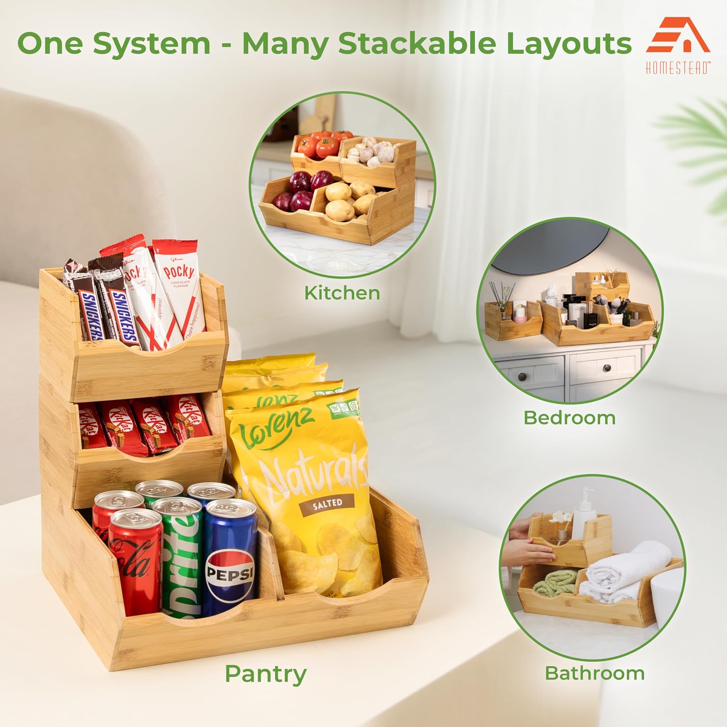 HOMESTEAD Bamboo Pantry Storage Bins – Stackable Potato & Onion Storage Bin for Kitchen Countertop, Pantry Organizer, Fruit Vegetable Basket, Multiuse - Set of 3 Slide-Out Access - Image 6