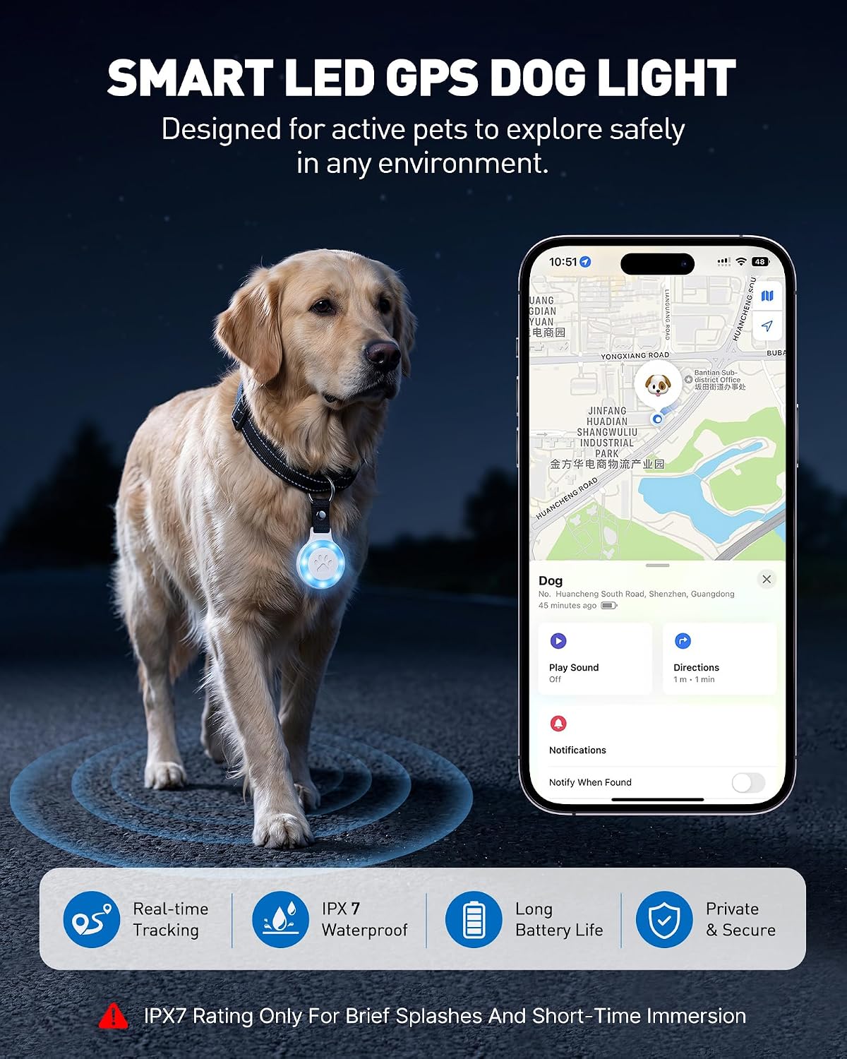 Pet Tracker for Dogs Cats, Location & LED Night Light Tag, No Monthly Fee - Image 2