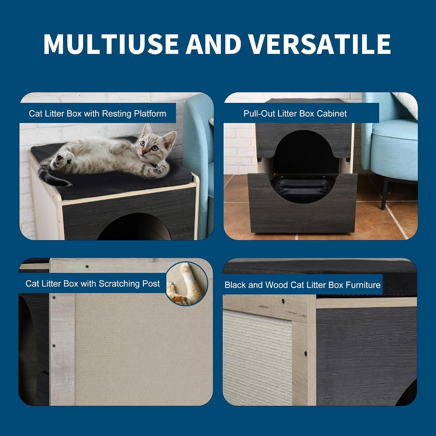 Modern Cat Bed Furniture with Scratching Post - Pull-Out Enclosure & Soft Cushion, Space-Saving Side Table for Indoor Cats, Black/Natural Wood (23.5" x 19.7" x 21.7") - Image 8