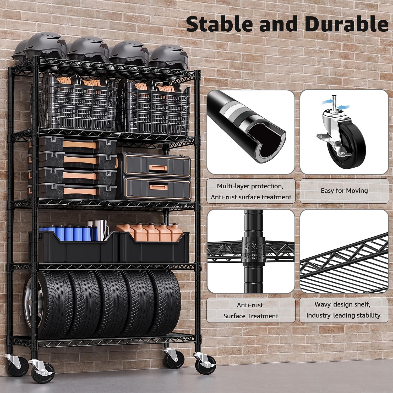 M MZG 5-Shelf Storage Shelves,Wire Shelving Heavy Duty Metal Storage Shelving Unit Adjustable Garage Shelving Rack Pantry Kitchen (Black, 5 Tier,17.7" D x 47.2" W x 76.7" H) - Image 5