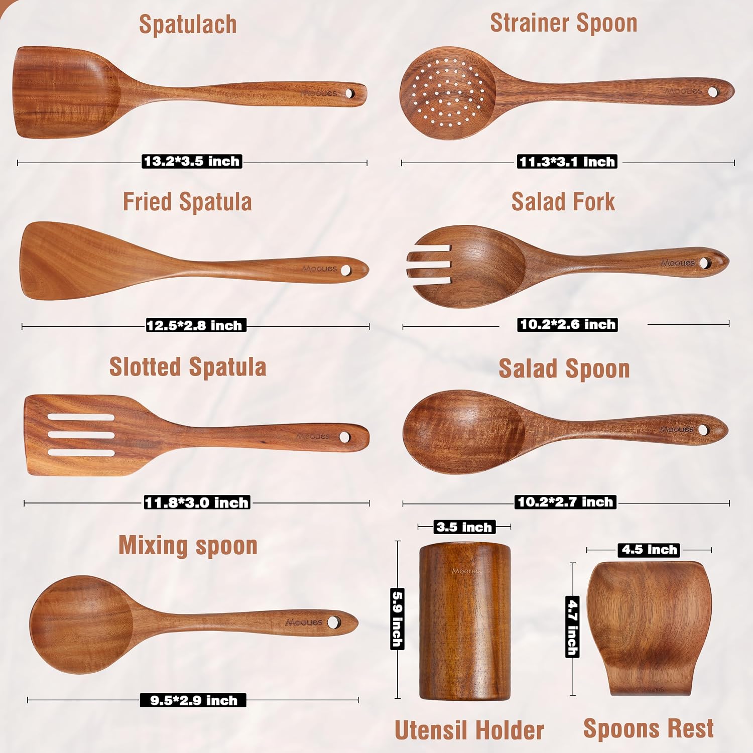 Mooues Wooden Kitchen Utensil Set, 9 Piece Natural Teak with Spoon Rest - Image 3