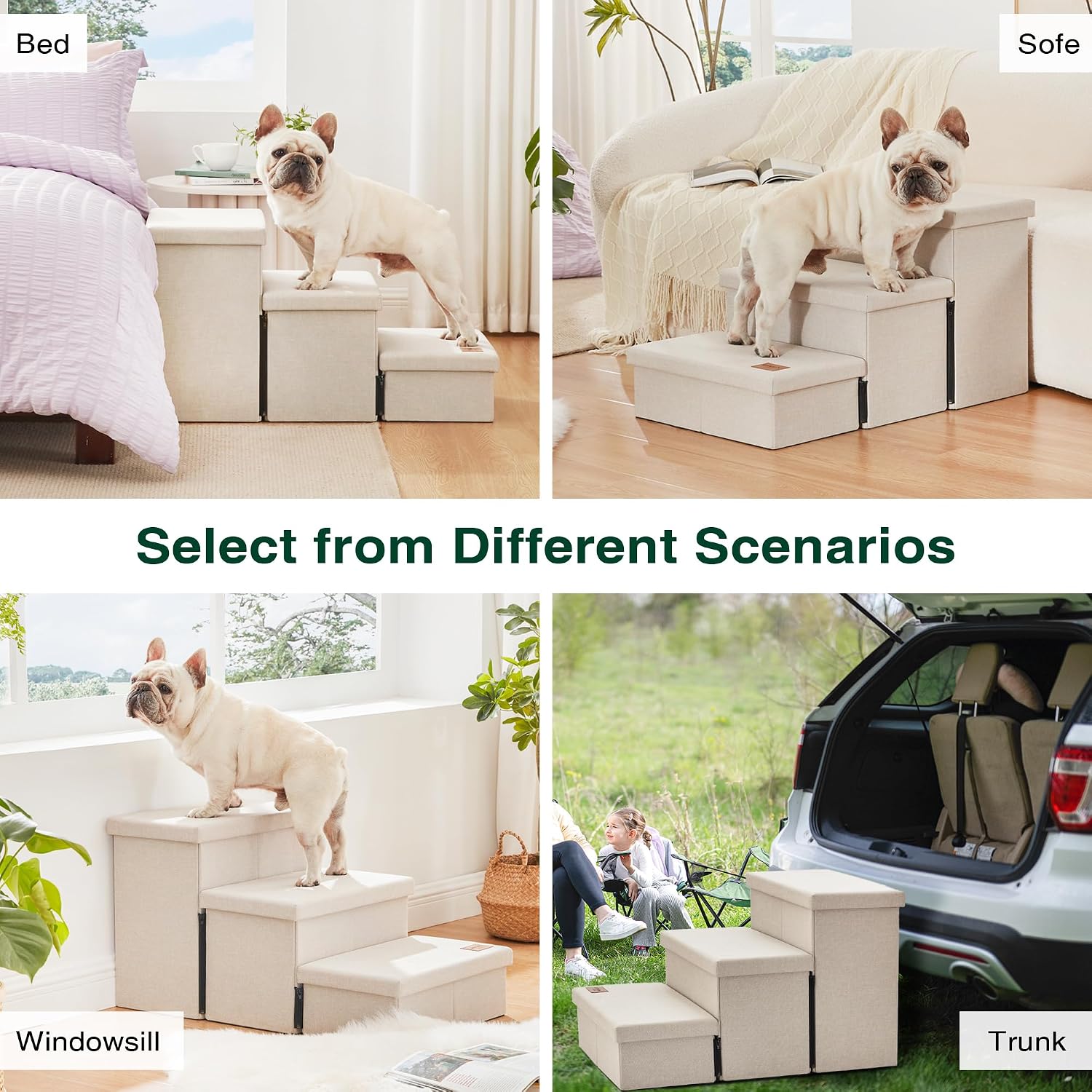 Love's cabin Dog Stairs for High Bed, Foldable Pet Stairs for Small Medium or Large Dogs Puppy with Storage for Bed or Couch, Cat Dog Steps Ramp with Zip up to 200 lbs, Beige, 3 Steps - Image 6