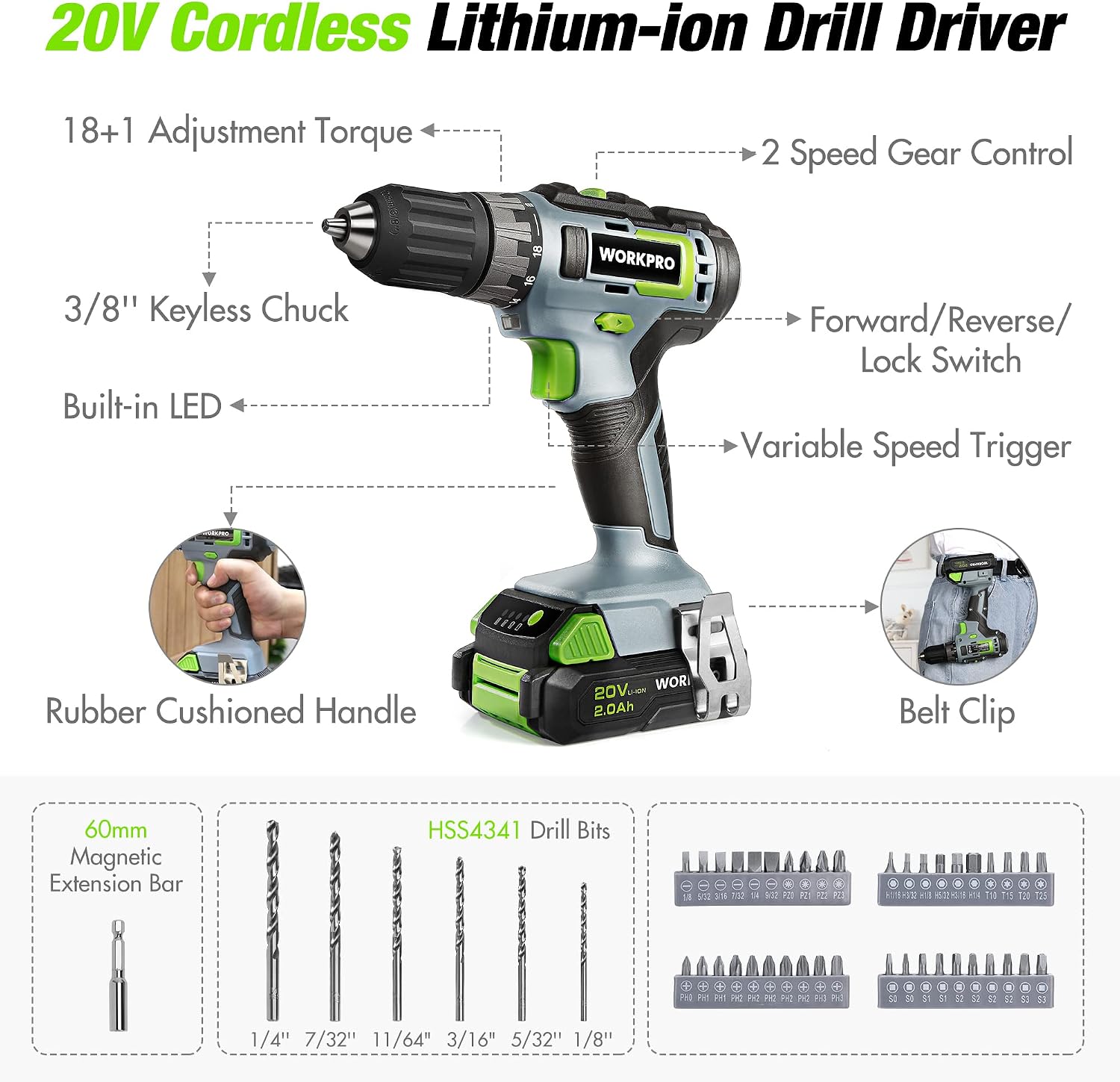 WORKPRO Home Tool Set with 20V Cordless Drill, Household Repairing Tool Kit - Image 3