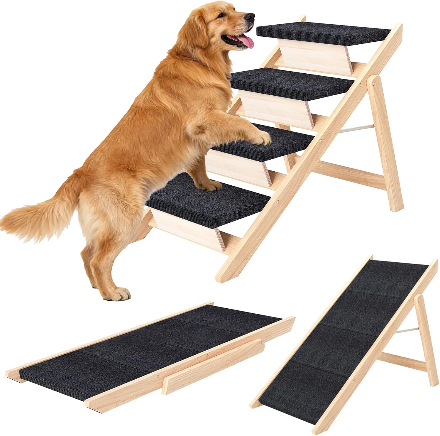 Dog Stairs/Ramp for Bed, Wooden 2-in-1 Foldable Pet Stairs & Ramp (4 Steps)