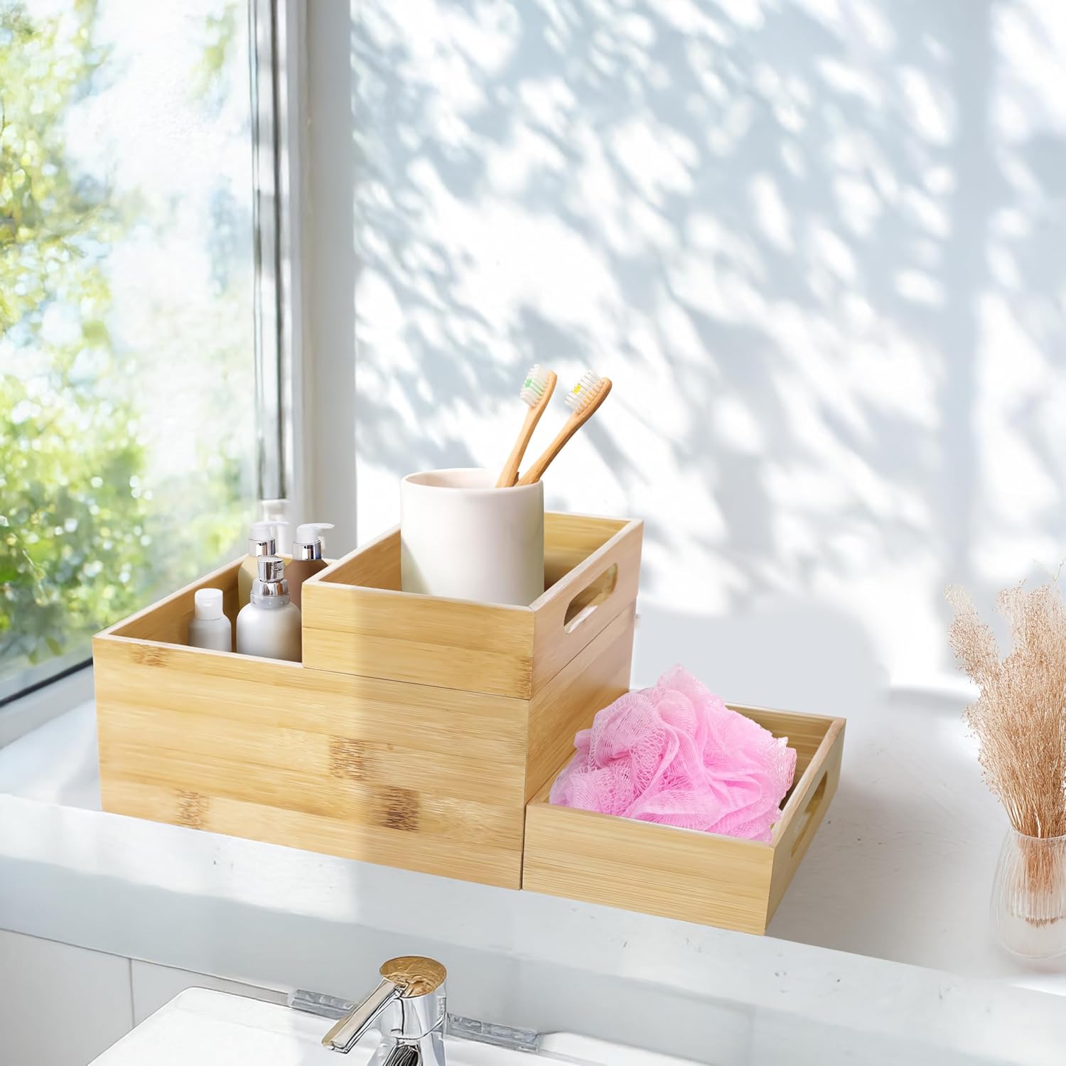 HOMESTEAD 3-Piece Stackable Bamboo Storage Box, Large Storage Bin, Wooden Boxes for Makeup Drawer Organizer Bathroom, Office Supplies, Kitchen Utensils, Bamboo Storage Containers (Medium) - Image 9