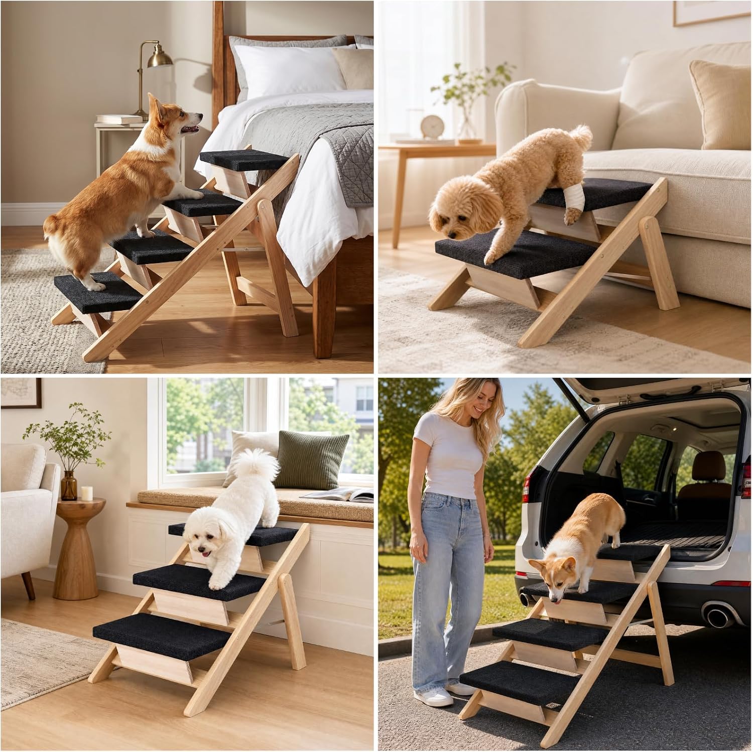 Dog Stairs/Ramp for Bed, Wooden 2-in-1 Foldable Pet Stairs & Ramp (4 Steps) - Image 8