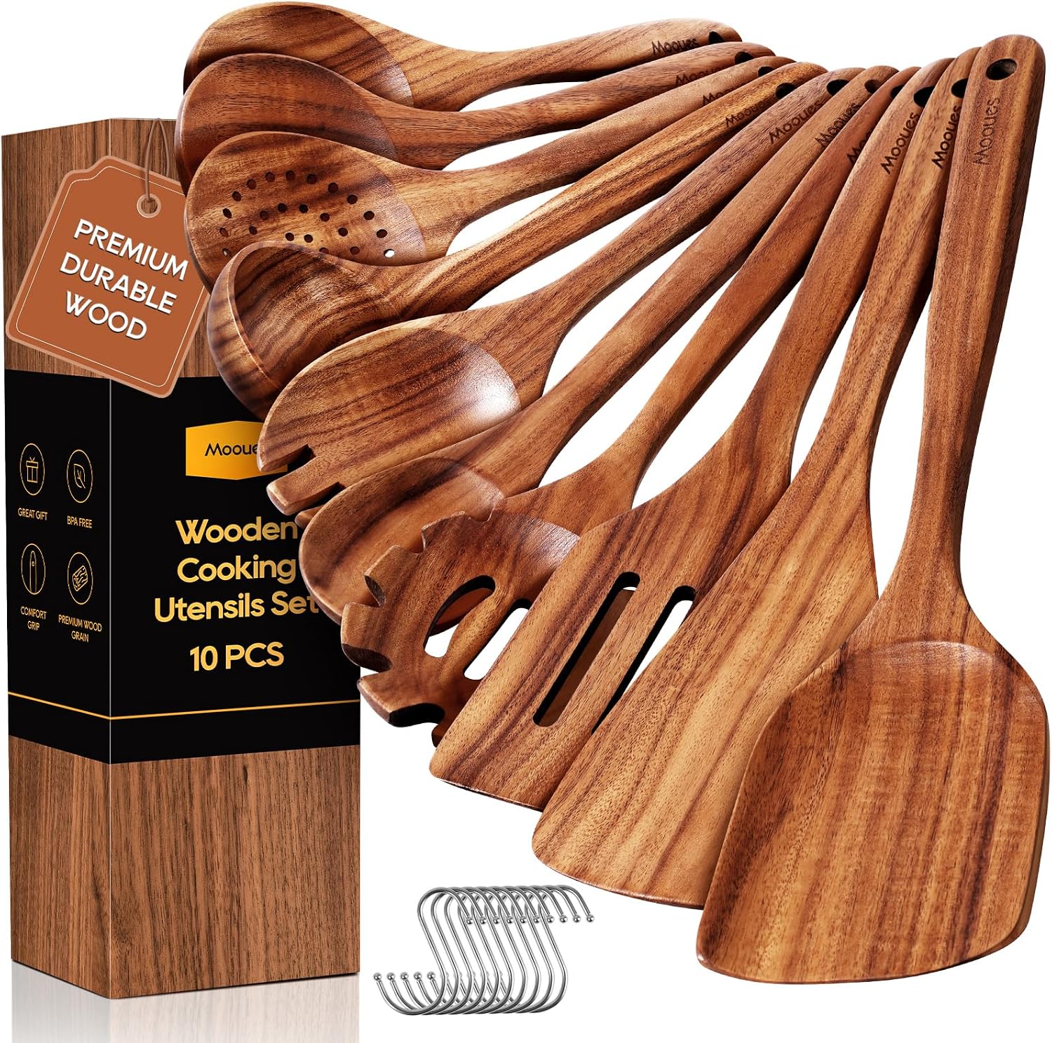 Wooden Spoons for Cooking 10PCS Teak Wood Cookware Utensil Set