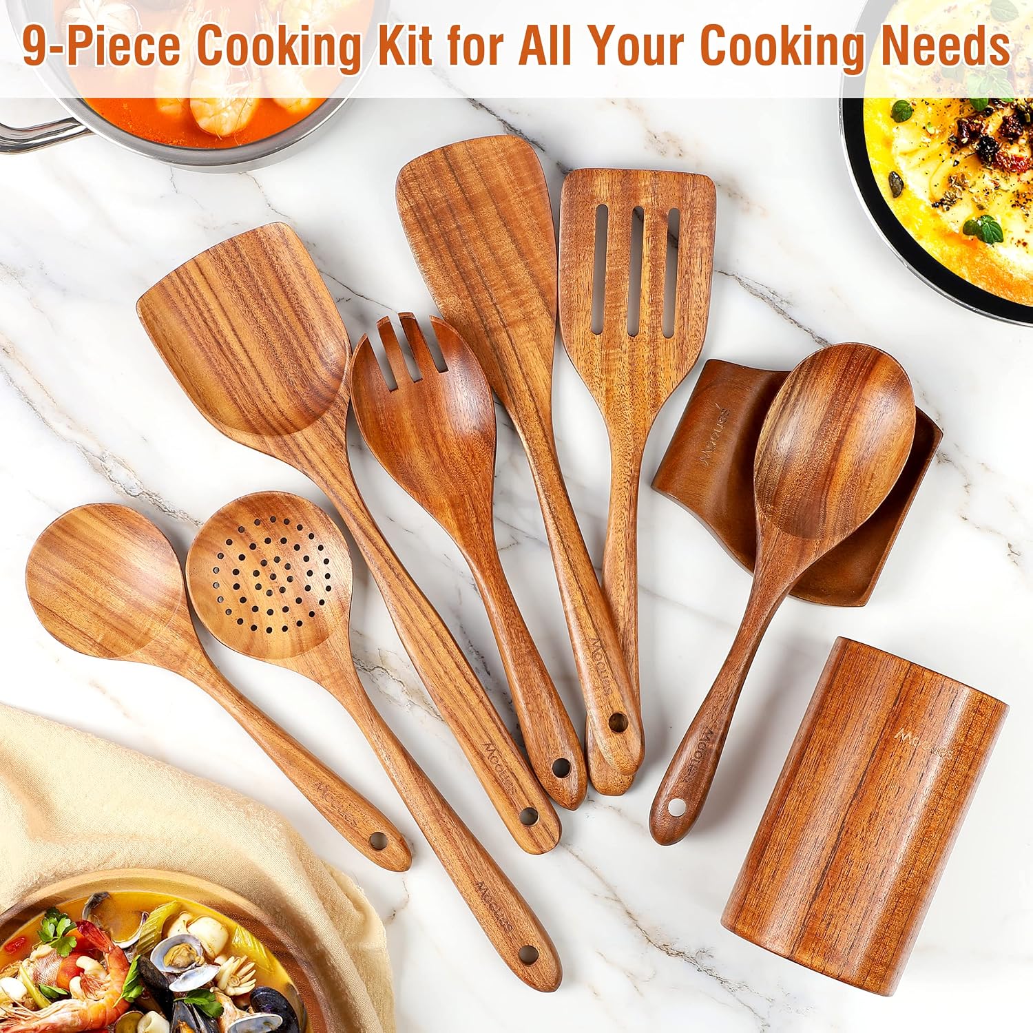 Mooues Wooden Kitchen Utensil Set, 9 Piece Natural Teak with Spoon Rest - Image 7